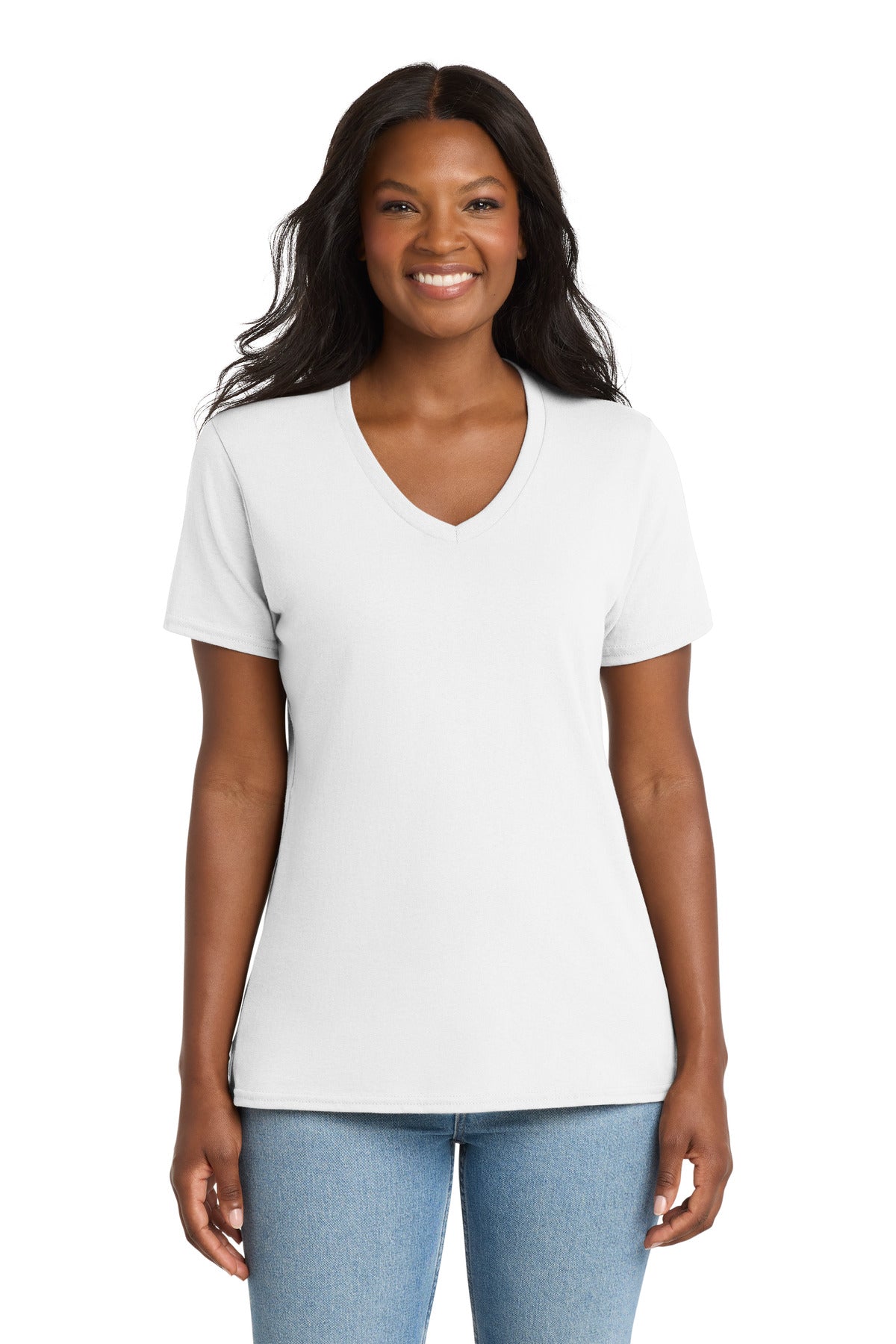 Custom White Women's Core Cotton V-Neck Tee LPC54V, personalized by SanCanDo Swag in Argyle, TX