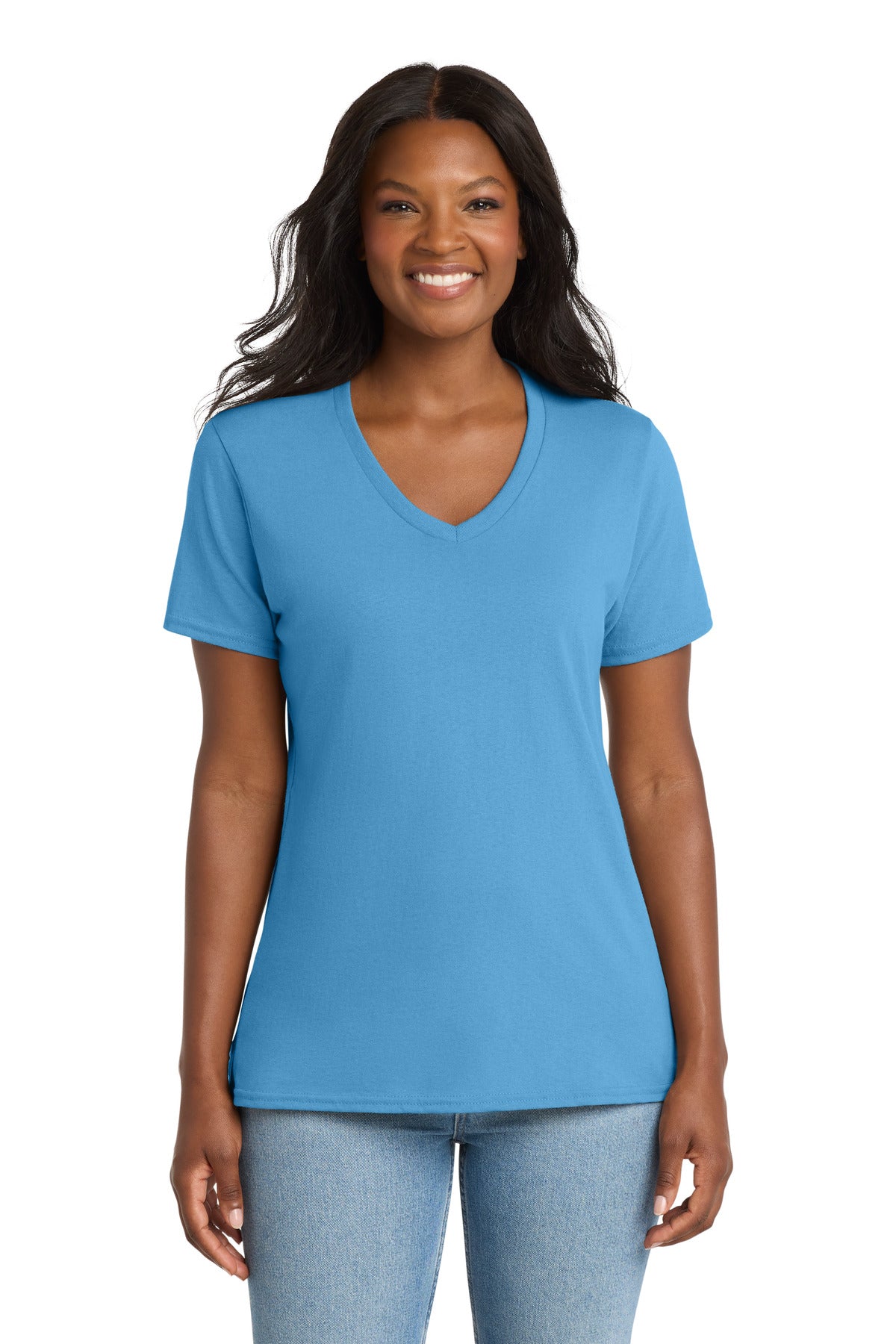 Custom Aquatic Blue Women's Core Cotton V-Neck Tee LPC54V, personalized by SanCanDo Swag in Argyle, TX