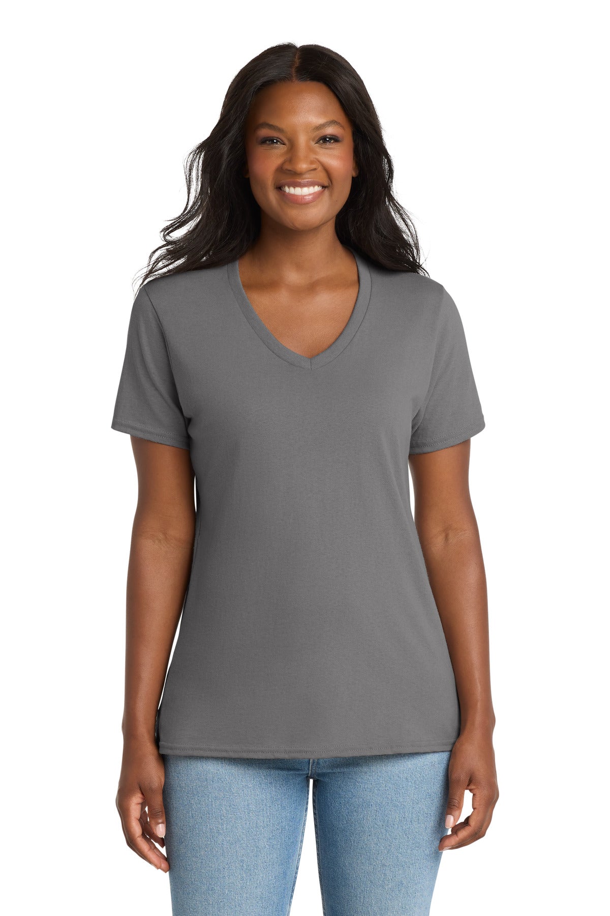 Custom Medium Grey Women's Core Cotton V-Neck Tee LPC54V, personalized by SanCanDo Swag in Argyle, TX