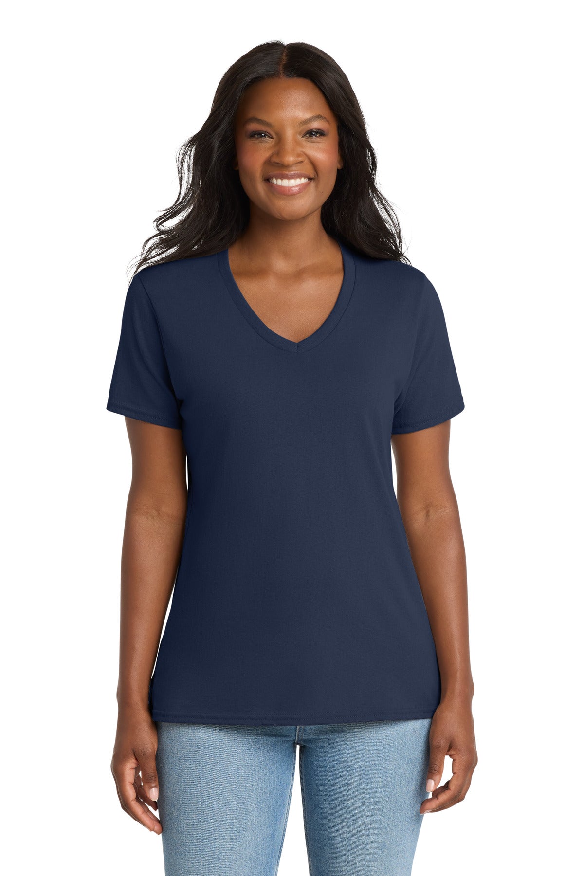 Custom Navy Women's Core Cotton V-Neck Tee LPC54V, personalized by SanCanDo Swag in Argyle, TX