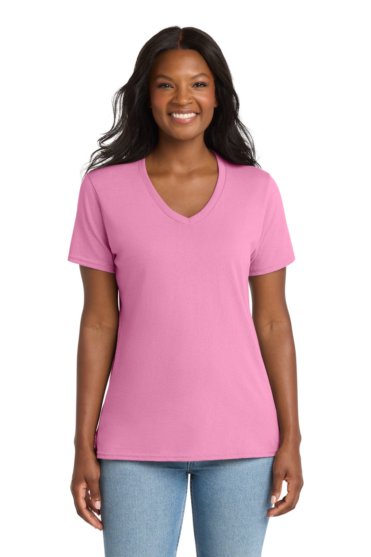 Custom Candy Pink Women's Core Cotton V-Neck Tee LPC54V, personalized by SanCanDo Swag in Argyle, TX