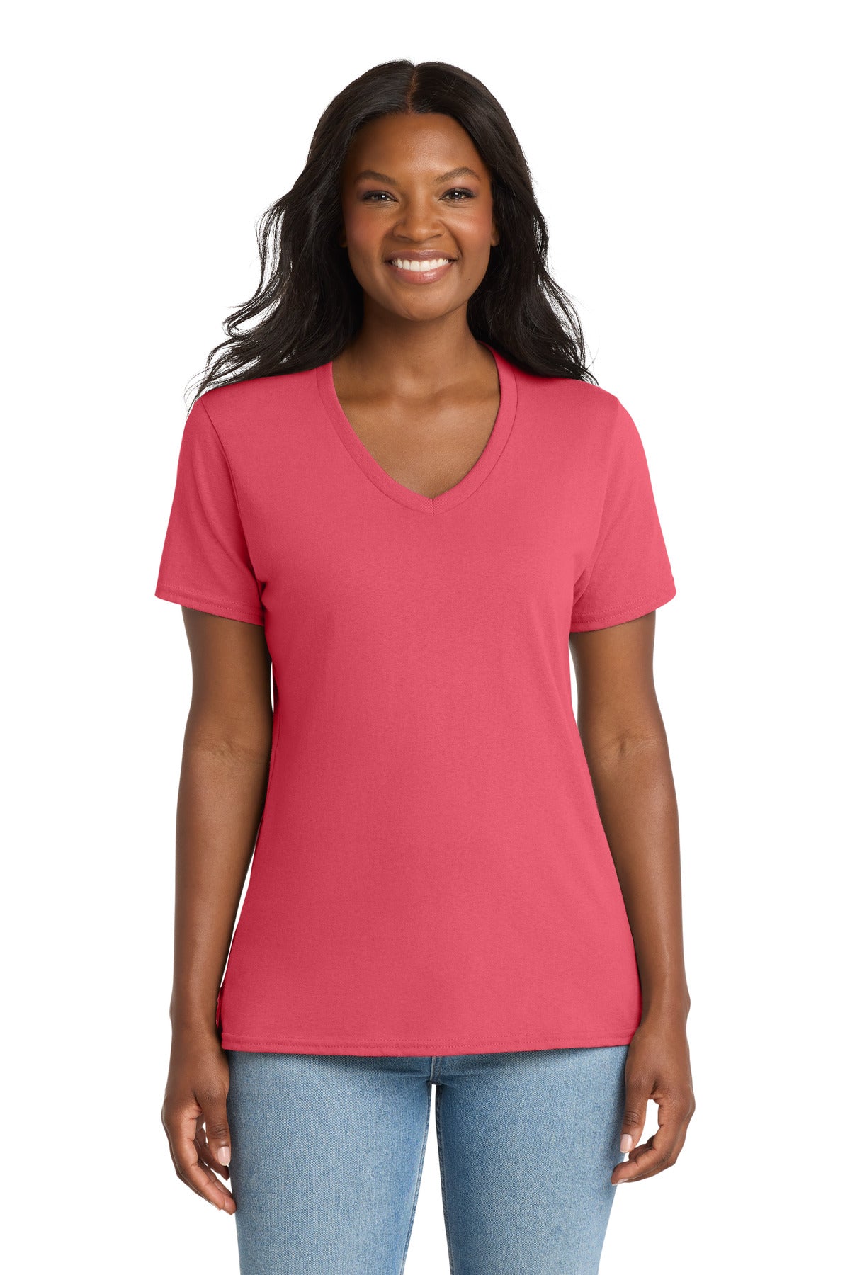 Custom Coral Women's Core Cotton V-Neck Tee LPC54V, personalized by SanCanDo Swag in Argyle, TX