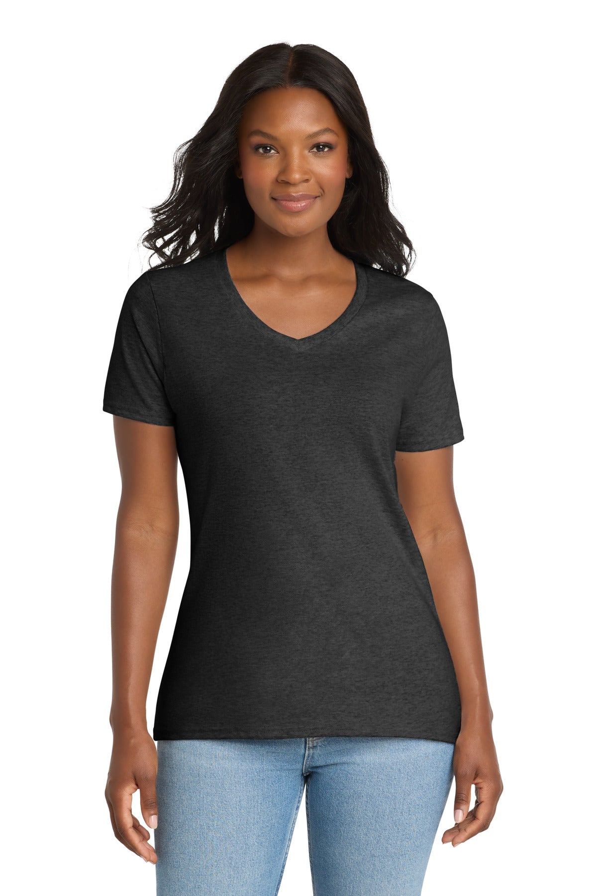 Custom Dark Heather Grey Women's Core Cotton V-Neck Tee LPC54V, personalized by SanCanDo Swag in Argyle, TX