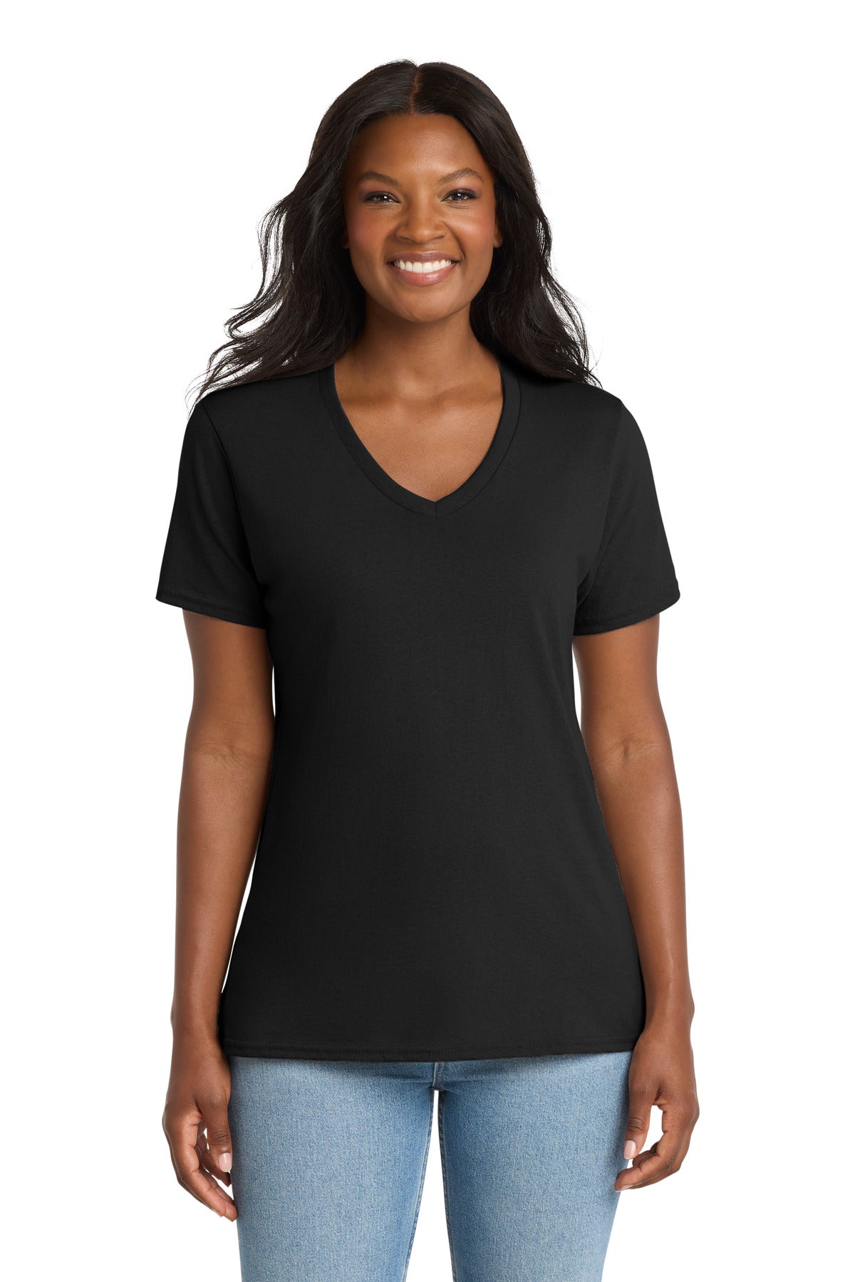 Custom Jet Black Women's Core Cotton V-Neck Tee LPC54V, personalized by SanCanDo Swag in Argyle, TX
