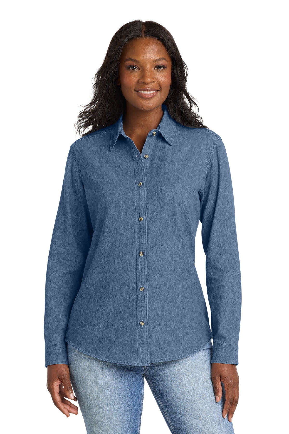 Custom Faded Blue Women's Long Sleeve Value Denim Shirt LSP10, personalized by SanCanDo Swag in Argyle, TX