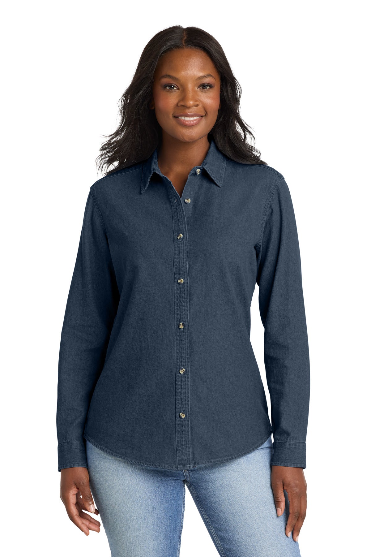 Custom Ink Blue Women's Long Sleeve Value Denim Shirt LSP10, personalized by SanCanDo Swag in Argyle, TX