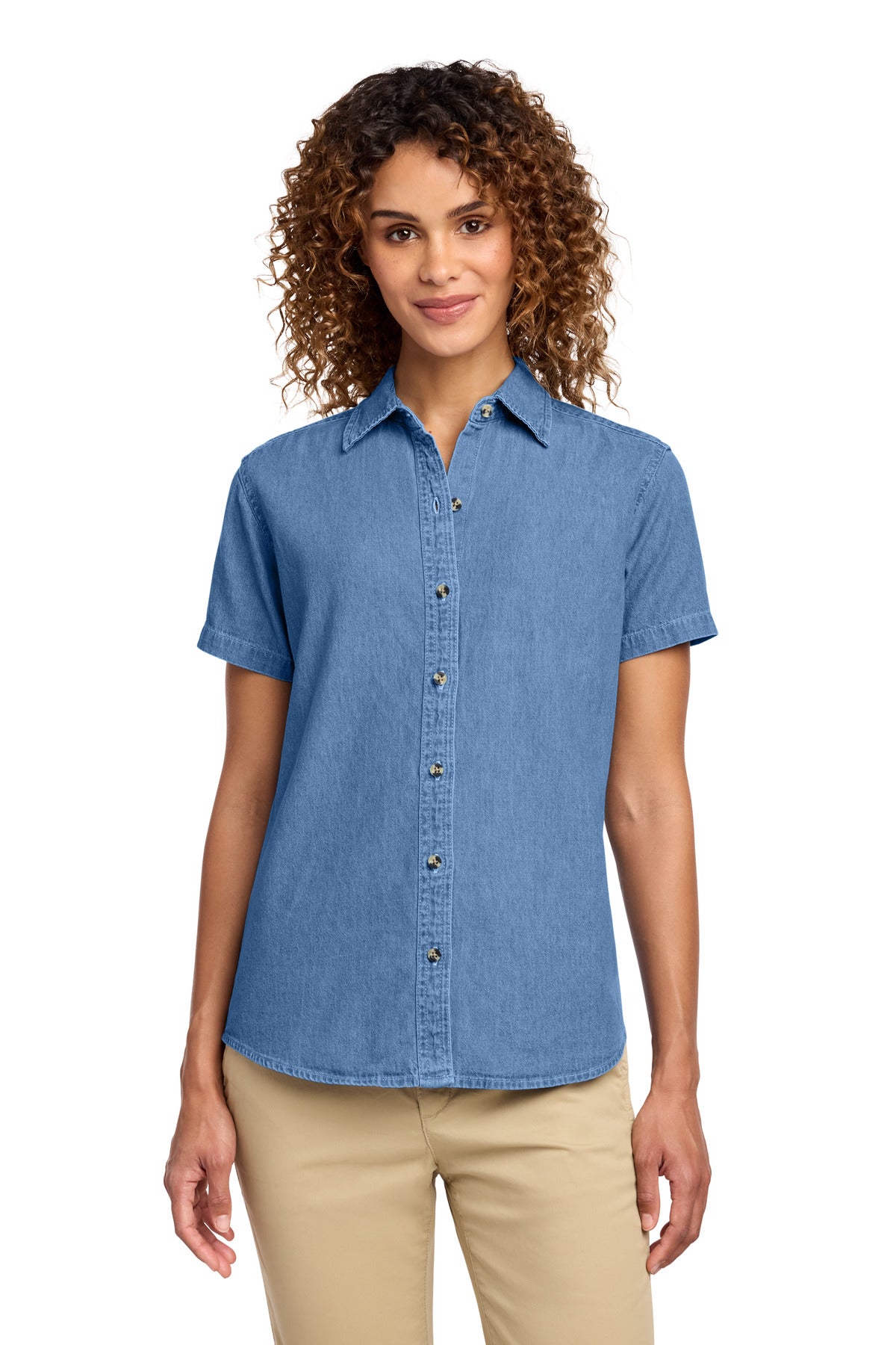 Custom Faded Blue Women's Short Sleeve Value Denim Shirt LSP11, personalized by SanCanDo Swag in Argyle, TX