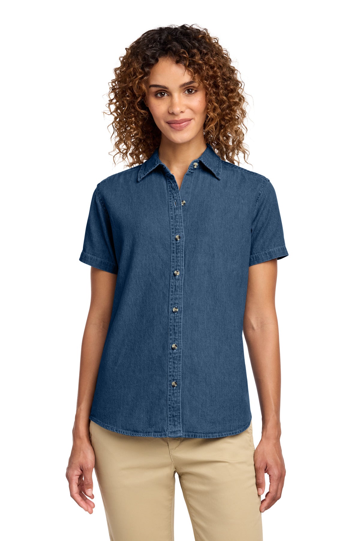 Custom Ink Blue Women's Short Sleeve Value Denim Shirt LSP11, personalized by SanCanDo Swag in Argyle, TX