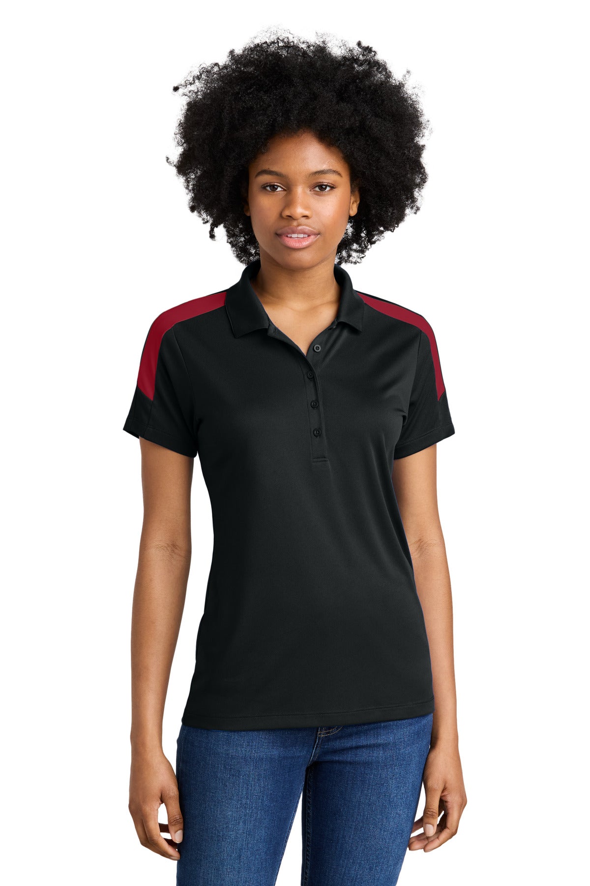 Custom Black/ Deep Red Women's Competitor United Polo LST104, personalized by SanCanDo Swag in Argyle, TX