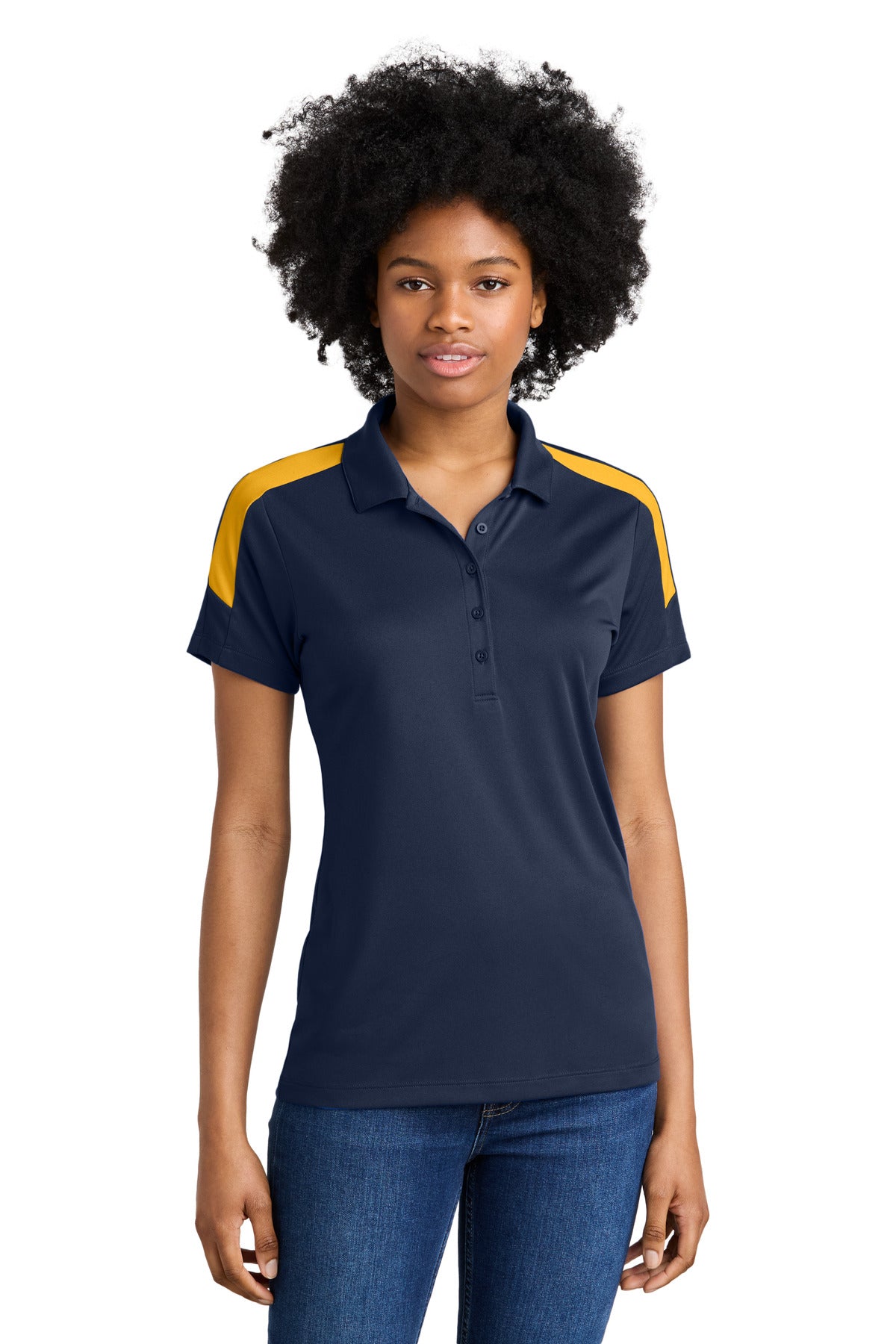 Custom True Navy/ Gold Women's Competitor United Polo LST104, personalized by SanCanDo Swag in Argyle, TX