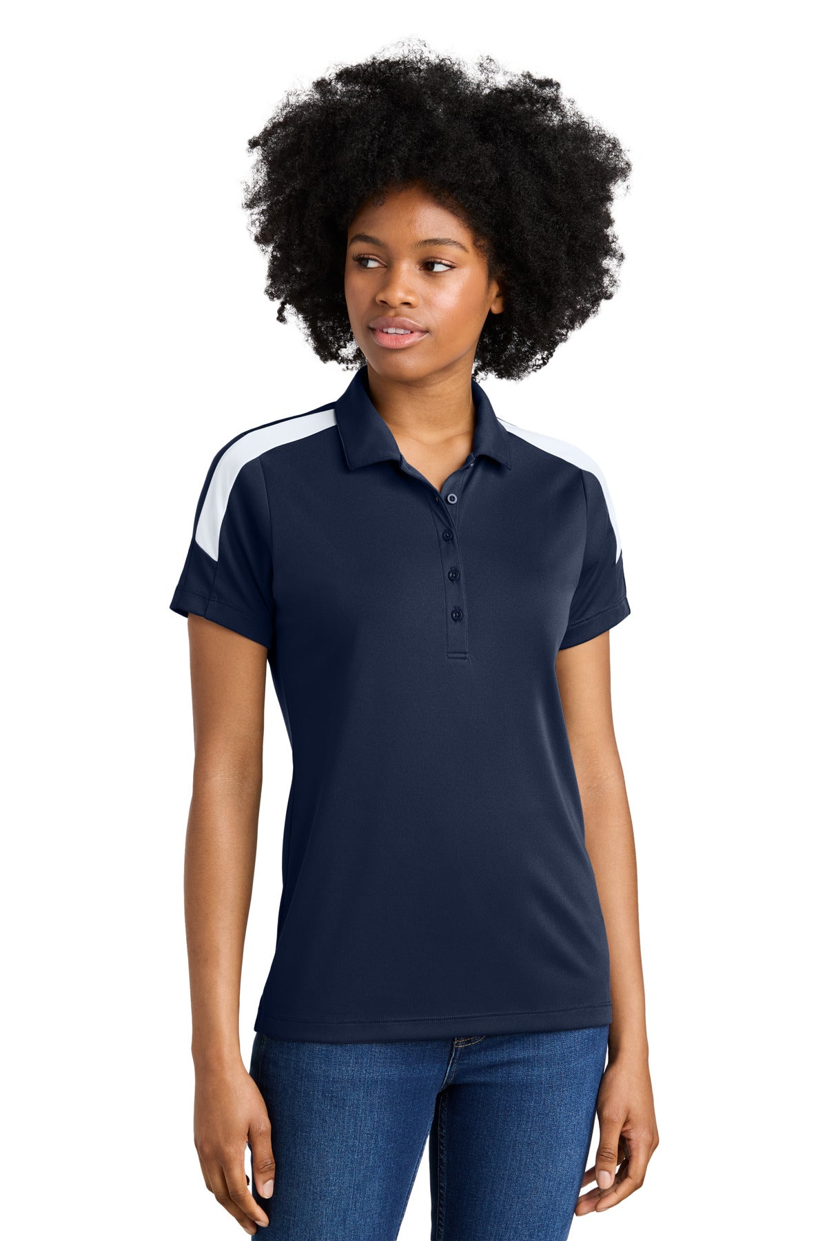 Custom True Navy/ White Women's Competitor United Polo LST104, personalized by SanCanDo Swag in Argyle, TX