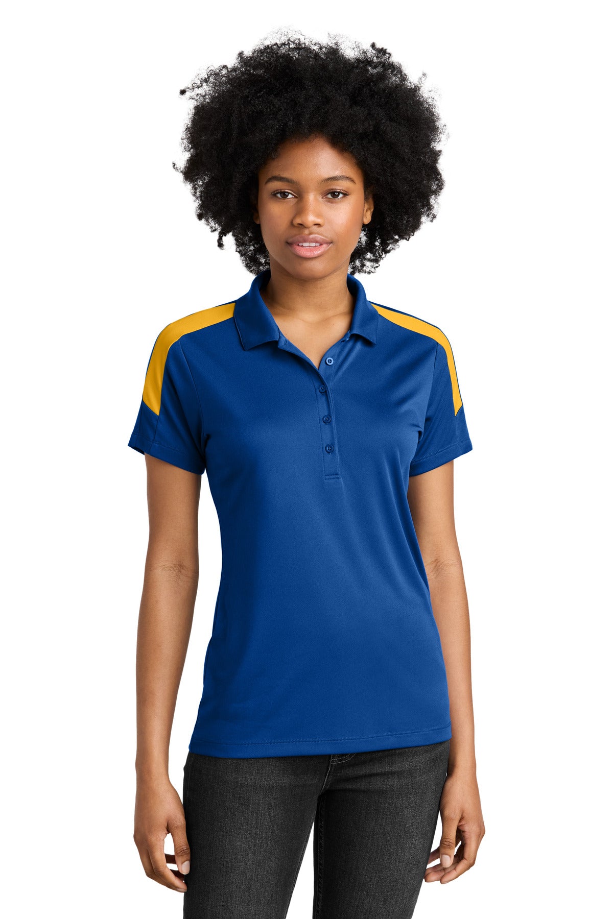 Custom True Royal/ Gold Women's Competitor United Polo LST104, personalized by SanCanDo Swag in Argyle, TX