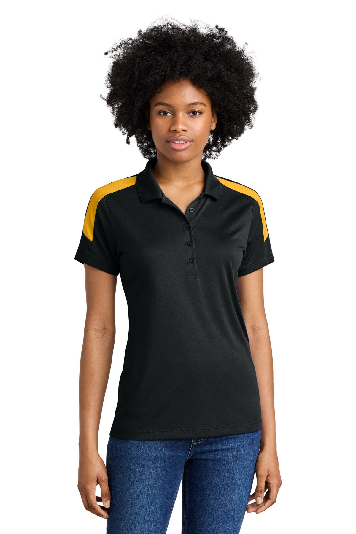Custom Black/ Gold Women's Competitor United Polo LST104, personalized by SanCanDo Swag in Argyle, TX