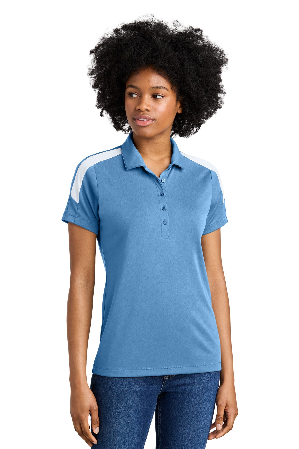 Custom Carolina Blue/ White Women's Competitor United Polo LST104, personalized by SanCanDo Swag in Argyle, TX