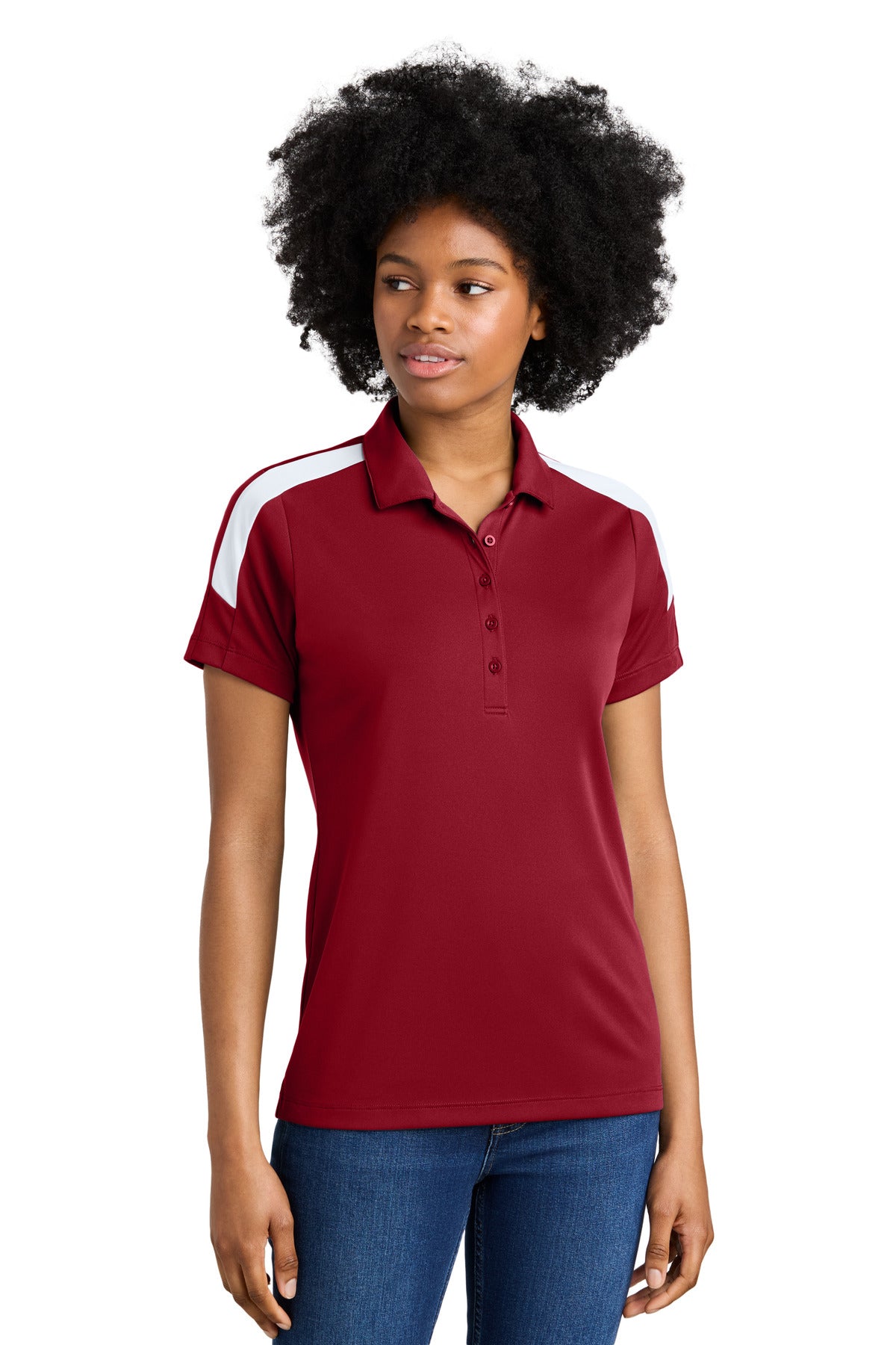 Custom Deep Red/ White Women's Competitor United Polo LST104, personalized by SanCanDo Swag in Argyle, TX