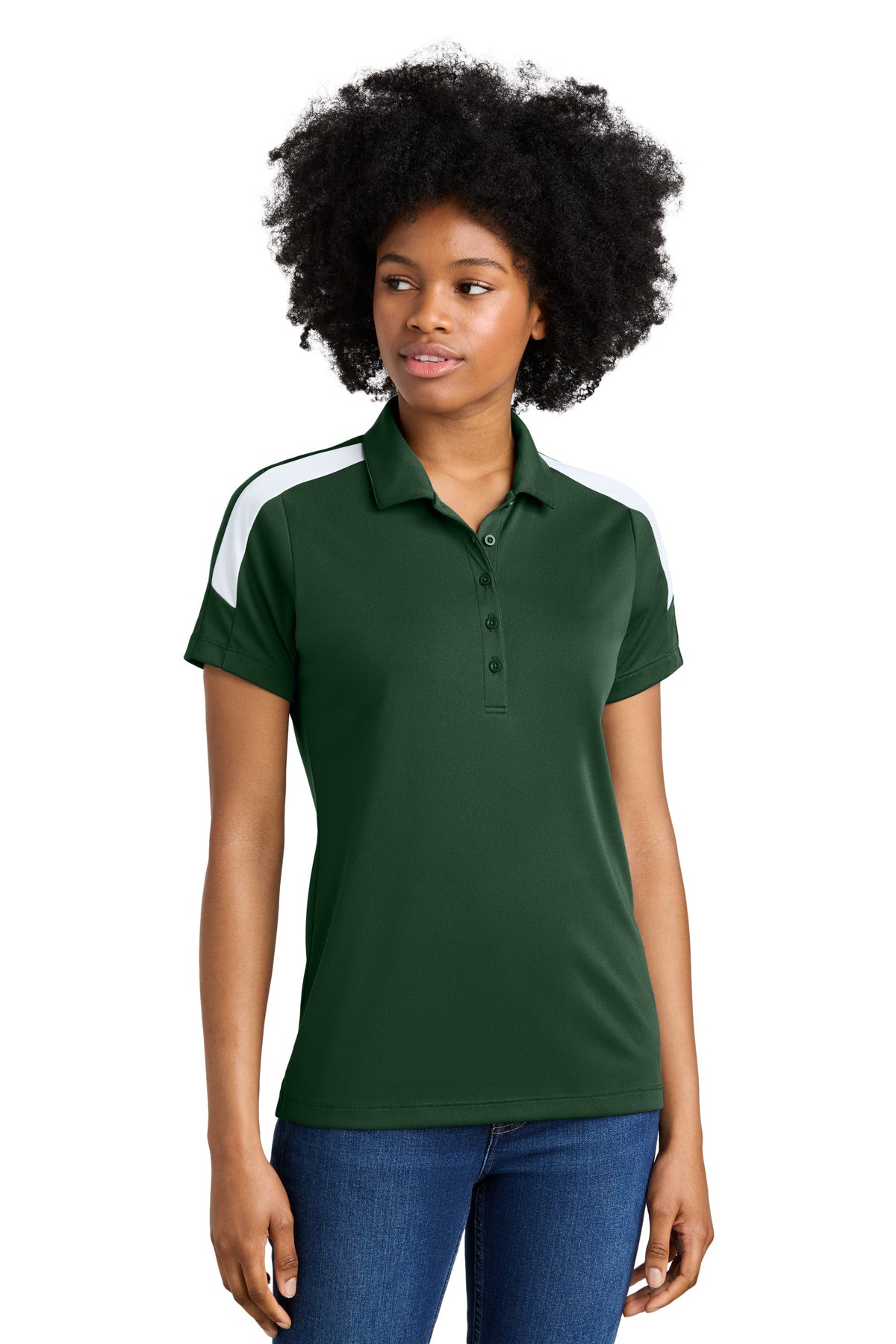 Custom Forest Green/ White Women's Competitor United Polo LST104, personalized by SanCanDo Swag in Argyle, TX