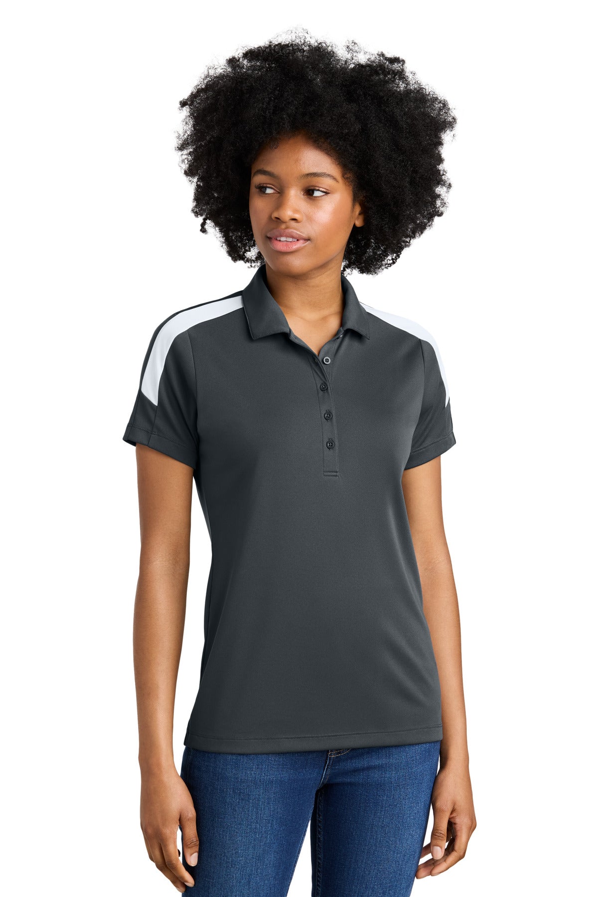 Custom Iron Grey/ White Women's Competitor United Polo LST104, personalized by SanCanDo Swag in Argyle, TX