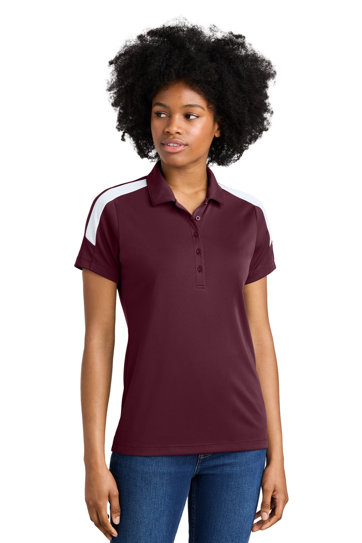 Custom Maroon/ White Women's Competitor United Polo LST104, personalized by SanCanDo Swag in Argyle, TX