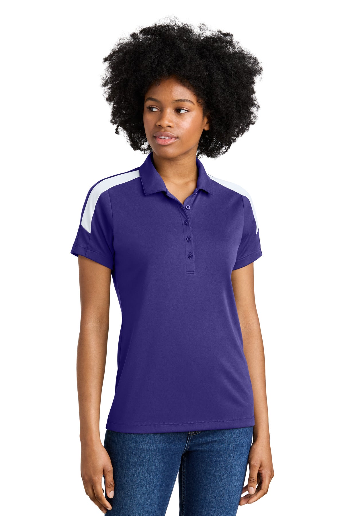 Custom Purple/ White Women's Competitor United Polo LST104, personalized by SanCanDo Swag in Argyle, TX