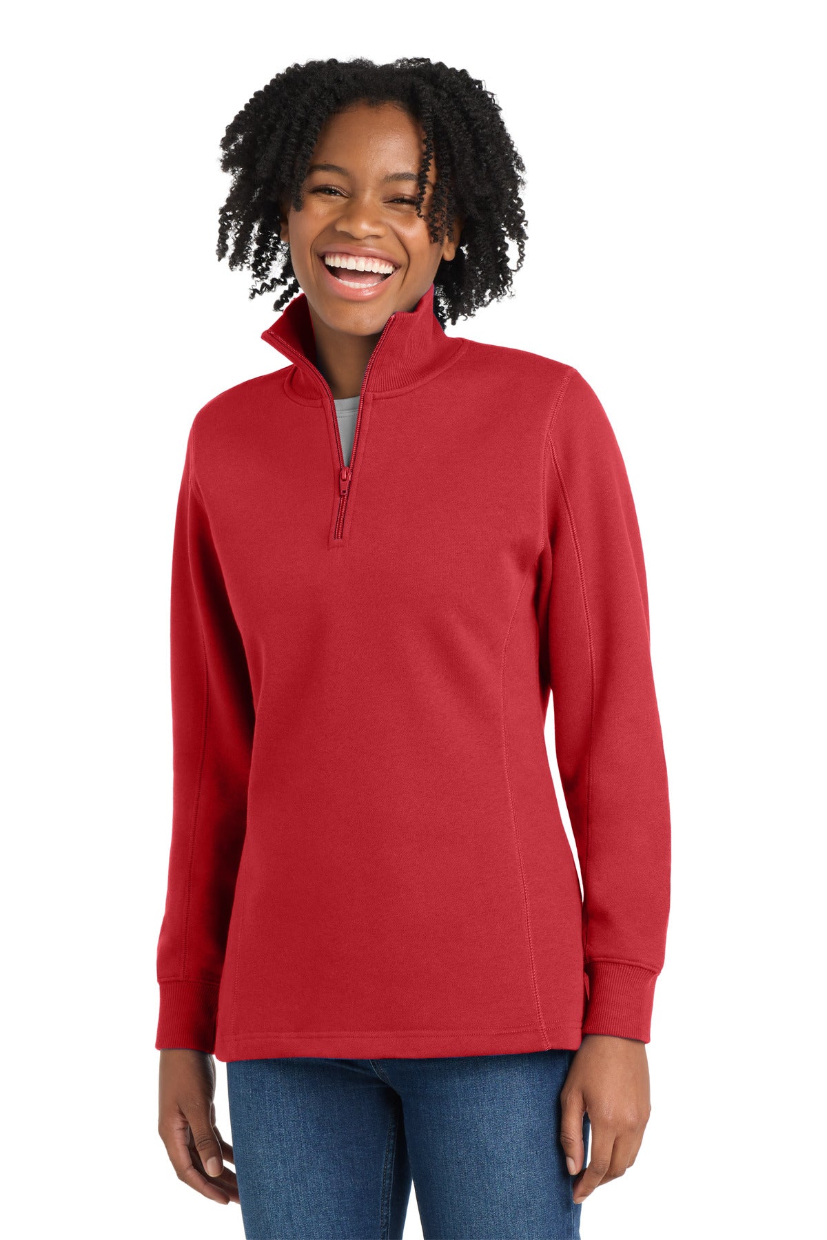 Custom True Red Women's 1/4-Zip Sweatshirt LST253, personalized by SanCanDo Swag in Argyle, TX