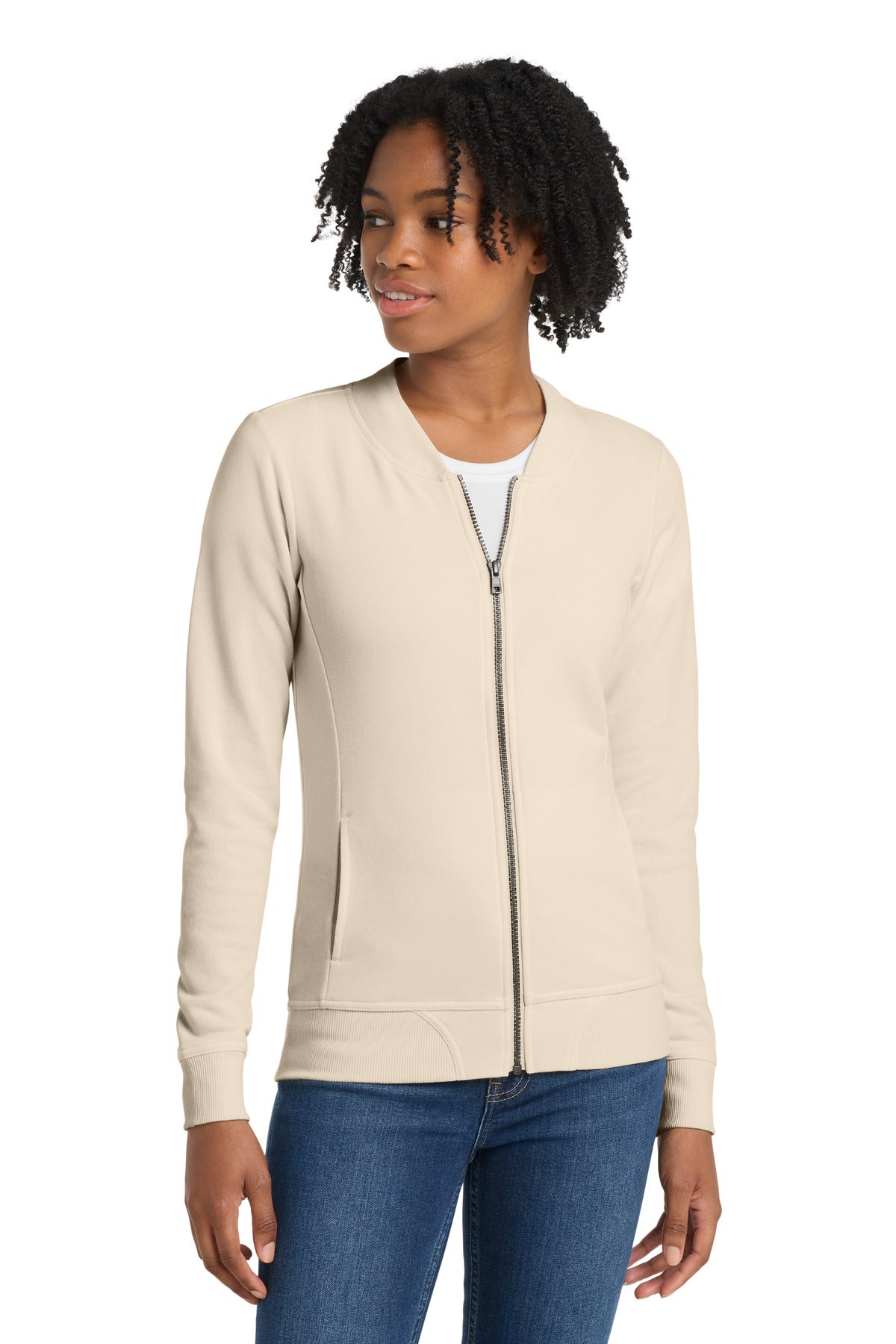 Custom Ecru Women's Lightweight French Terry Bomber LST274, personalized by SanCanDo Swag in Argyle, TX