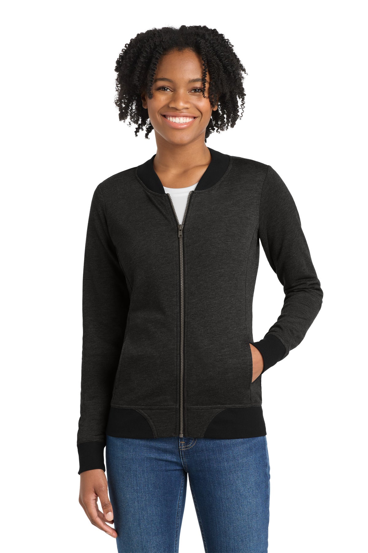Custom Heather Black Women's Lightweight French Terry Bomber LST274, personalized by SanCanDo Swag in Argyle, TX