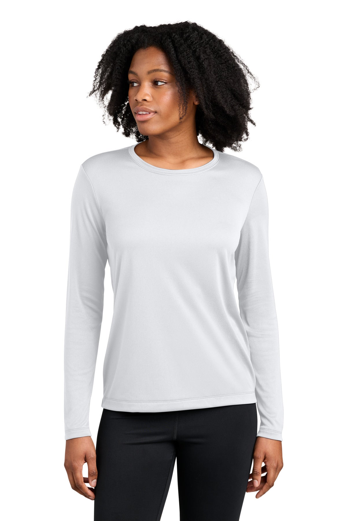 Custom White Women's Competitor Long Sleeve Crewneck LST350LS, personalized by SanCanDo Swag in Argyle, TX