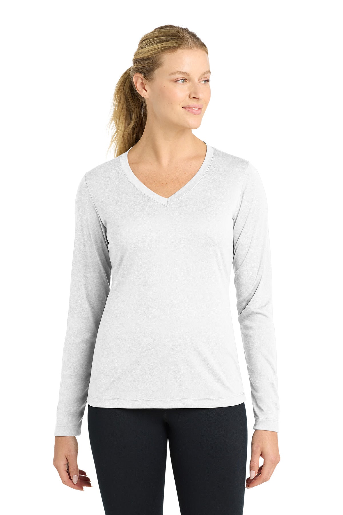 Custom White PosiCharge Competitor V-Neck Tee LST353LS, personalized by SanCanDo Swag in Argyle, TX
