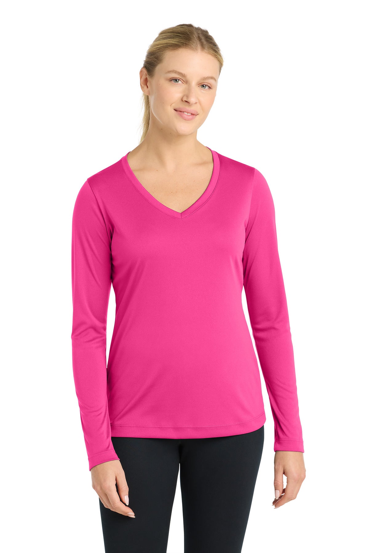 Custom Neon Pink PosiCharge Competitor V-Neck Tee LST353LS, personalized by SanCanDo Swag in Argyle, TX
