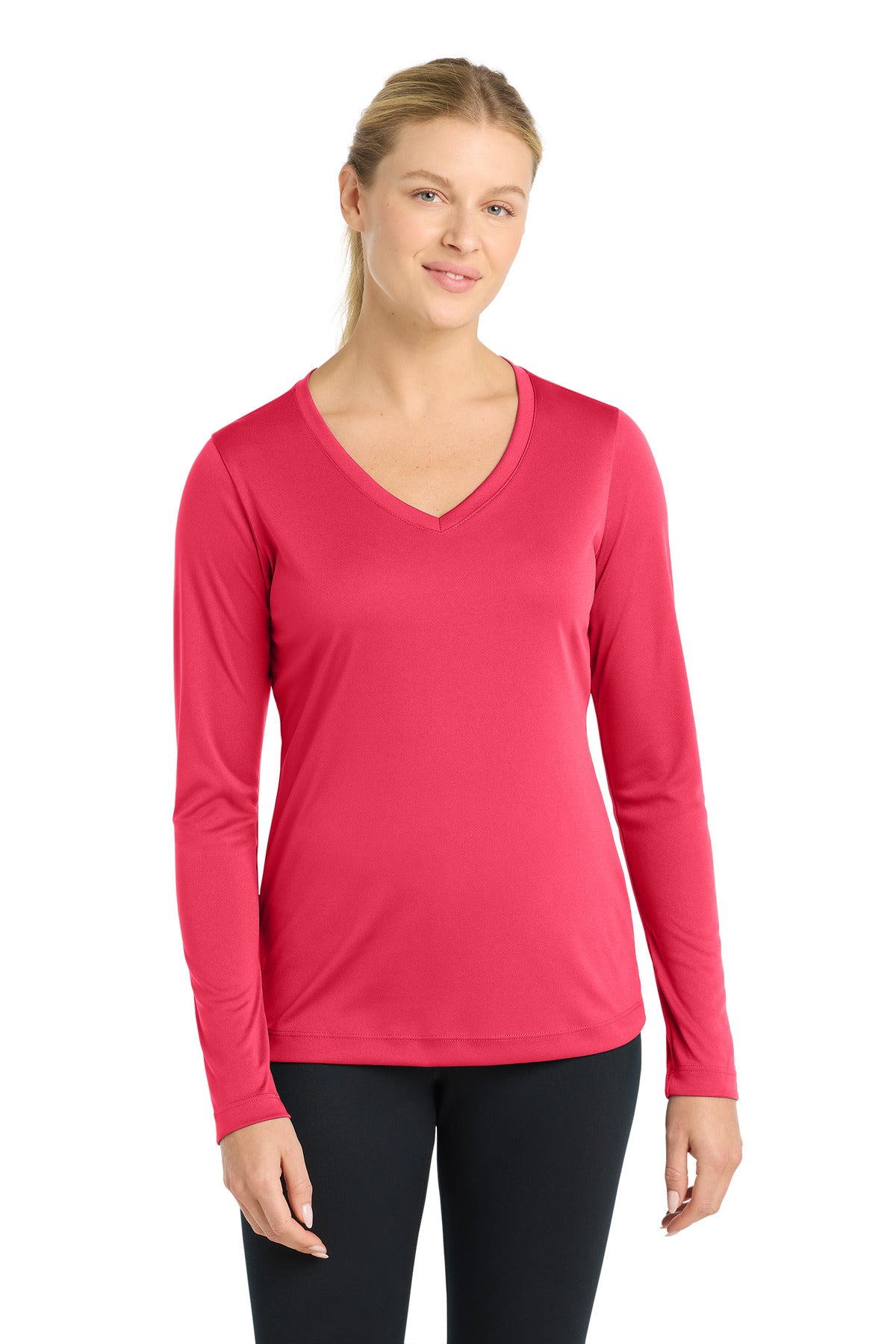 Custom Hot Coral PosiCharge Competitor V-Neck Tee LST353LS, personalized by SanCanDo Swag in Argyle, TX