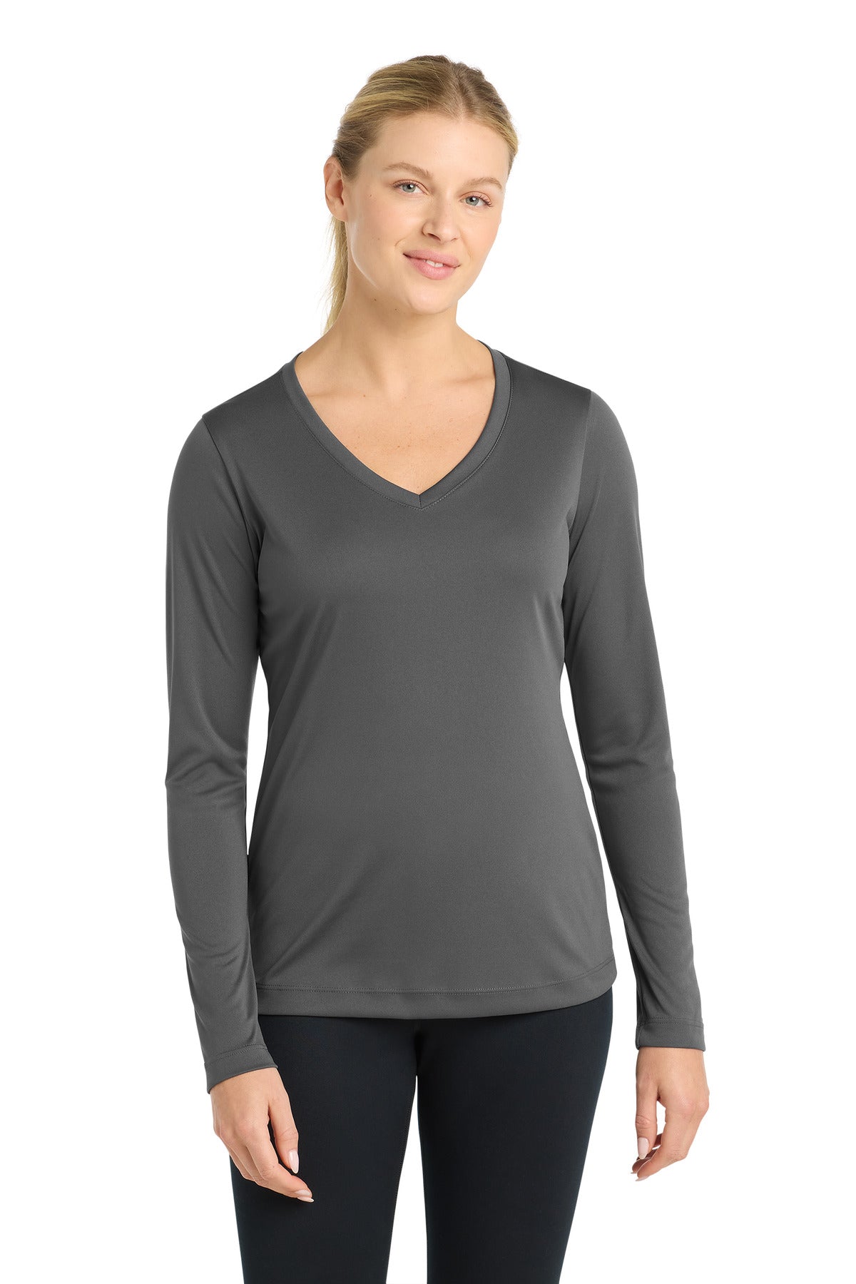 Custom Iron Grey PosiCharge Competitor V-Neck Tee LST353LS, personalized by SanCanDo Swag in Argyle, TX