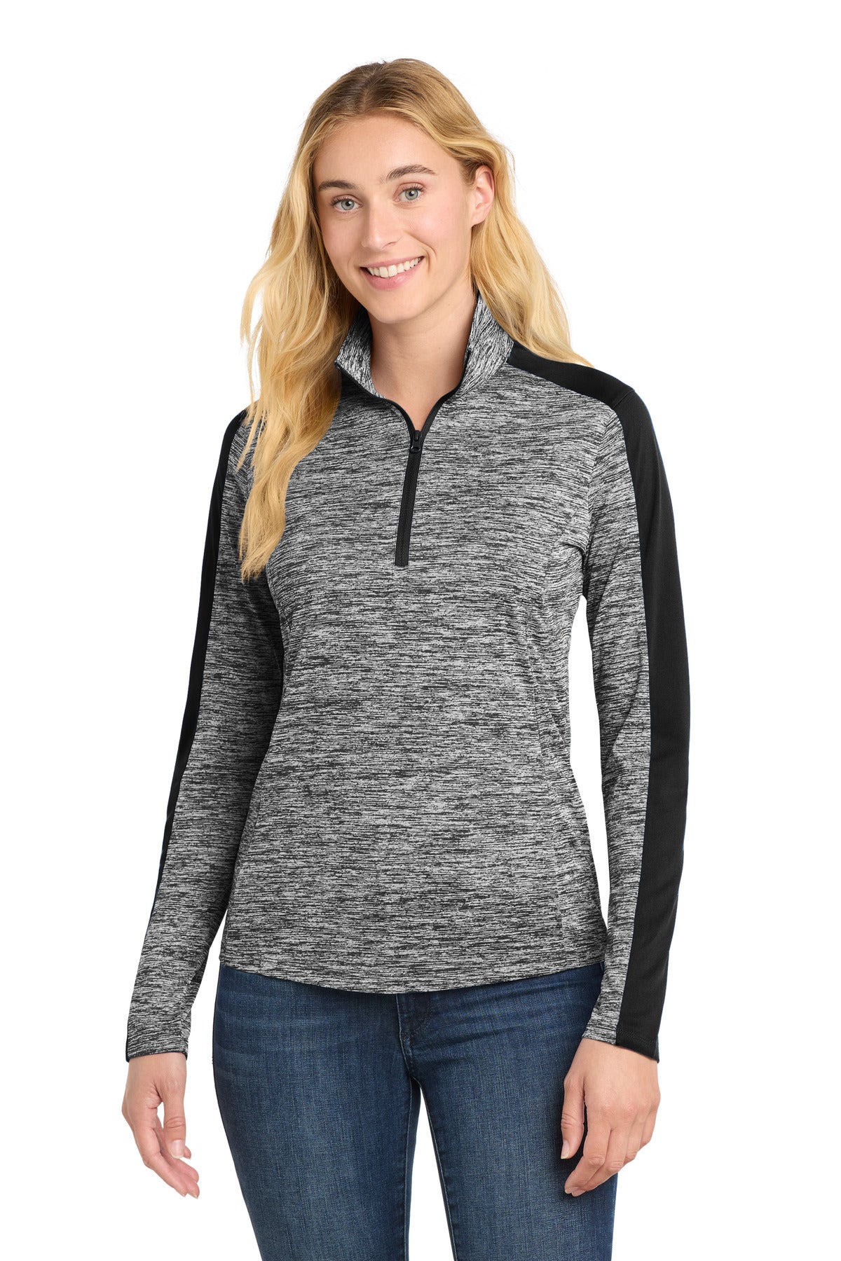 Custom Black Electric/ Black Women's Electric Heather Colorblock 1/4-Zip LST397, personalized by SanCanDo Swag in Argyle, TX
