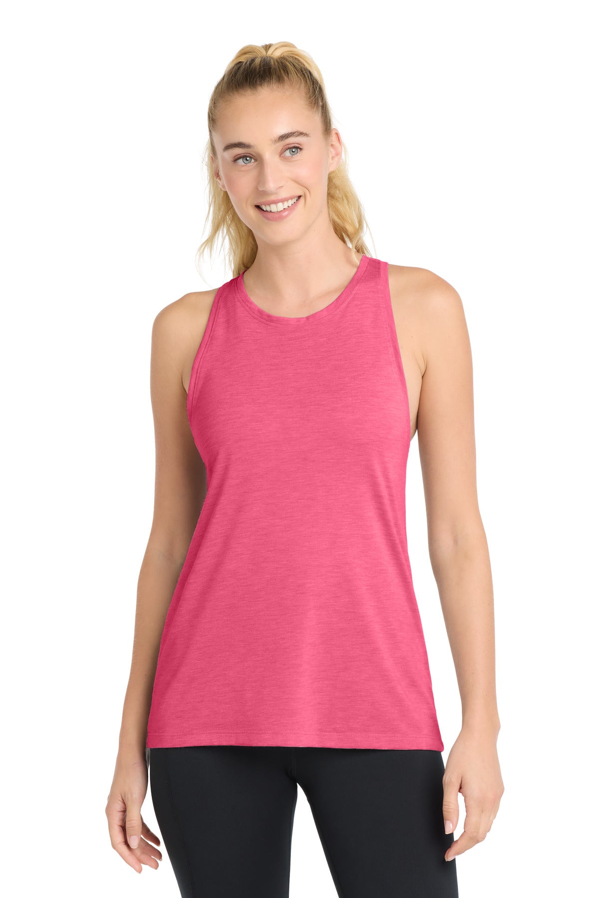 Custom Pink Raspberry Heather PosiCharge Tri-Blend Wicking Tank LST402, personalized by SanCanDo Swag in Argyle, TX