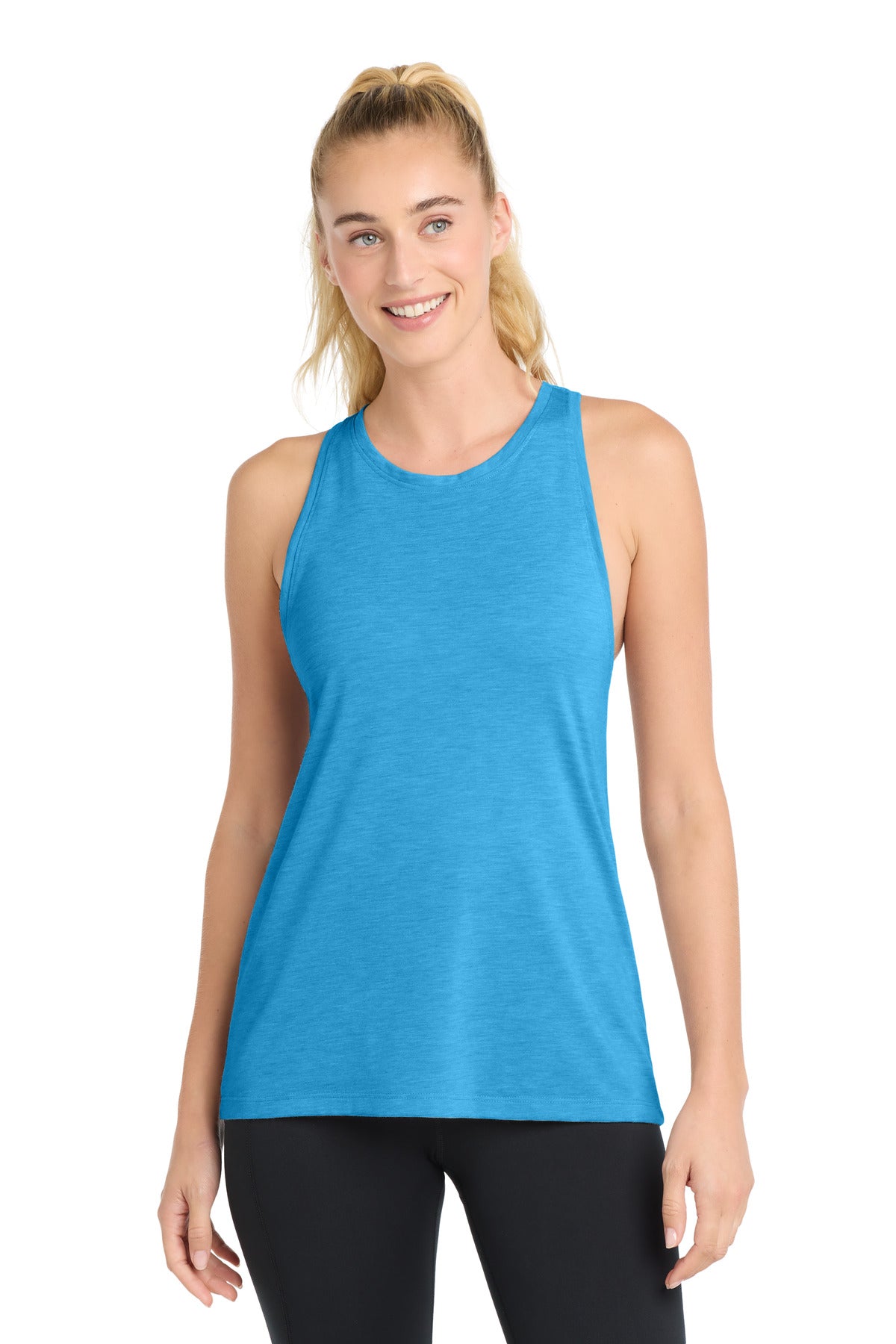 Custom Pond Blue Heather PosiCharge Tri-Blend Wicking Tank LST402, personalized by SanCanDo Swag in Argyle, TX