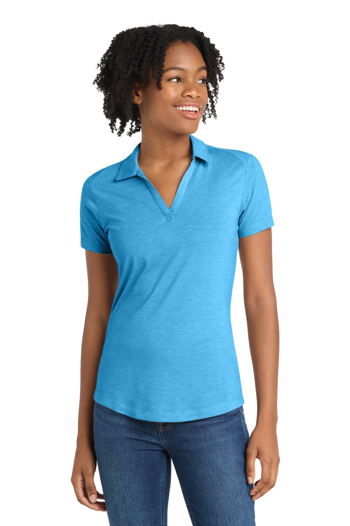 Custom Pond Blue Heather PosiCharge Tri-Blend Wicking Polo LST405, personalized by SanCanDo Swag in Argyle, TX
