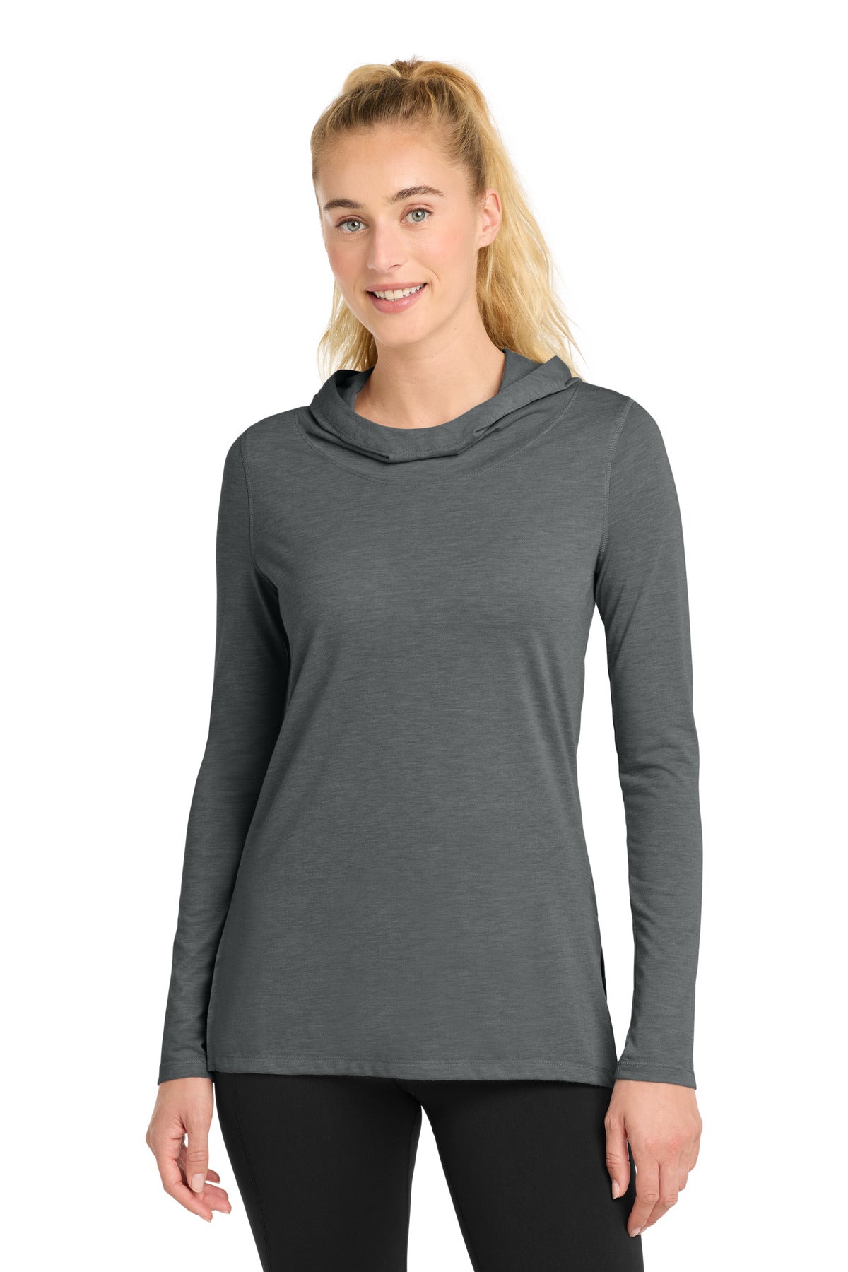 Custom Dark Grey Heather Wicking Long Sleeve Hoodie LST406, personalized by SanCanDo Swag in Argyle, TX