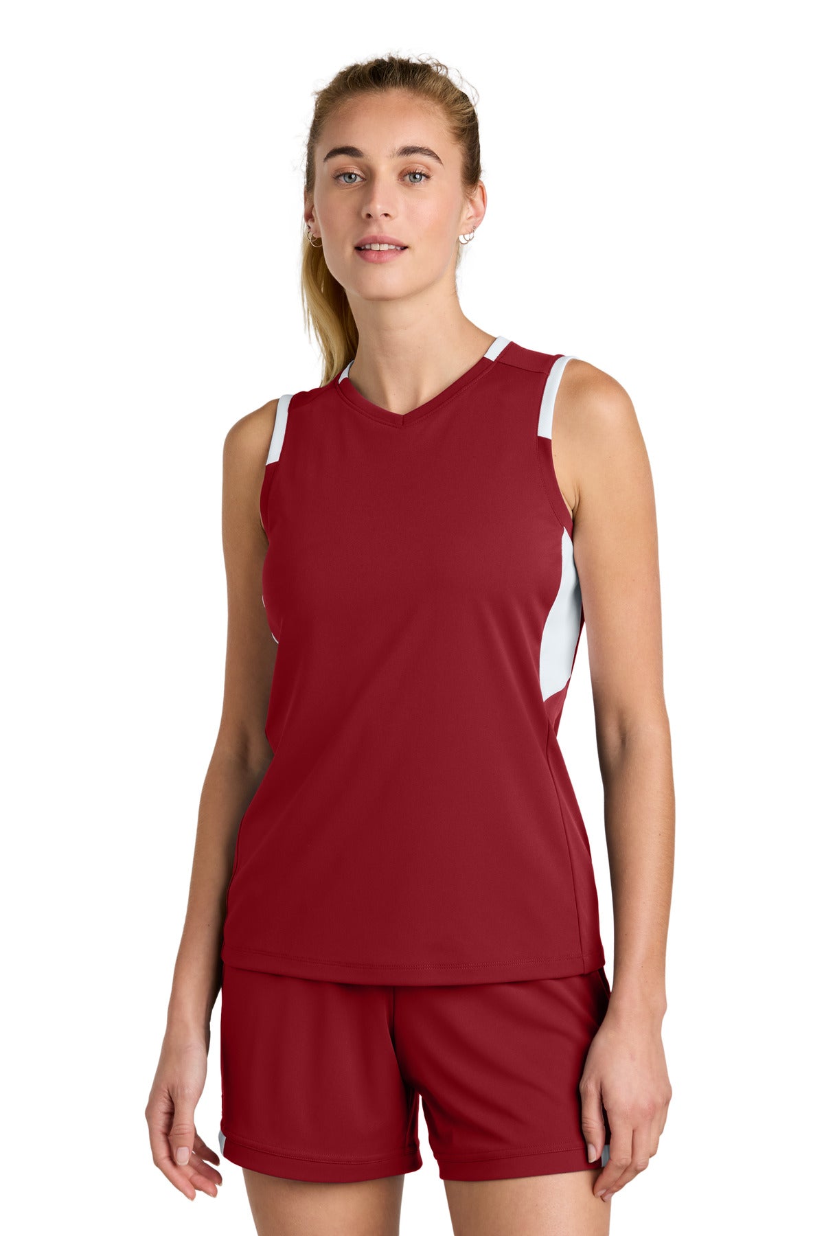 Custom Deep Red/ White Women's Club Sleeveless V-Neck LST441, personalized by SanCanDo Swag in Argyle, TX