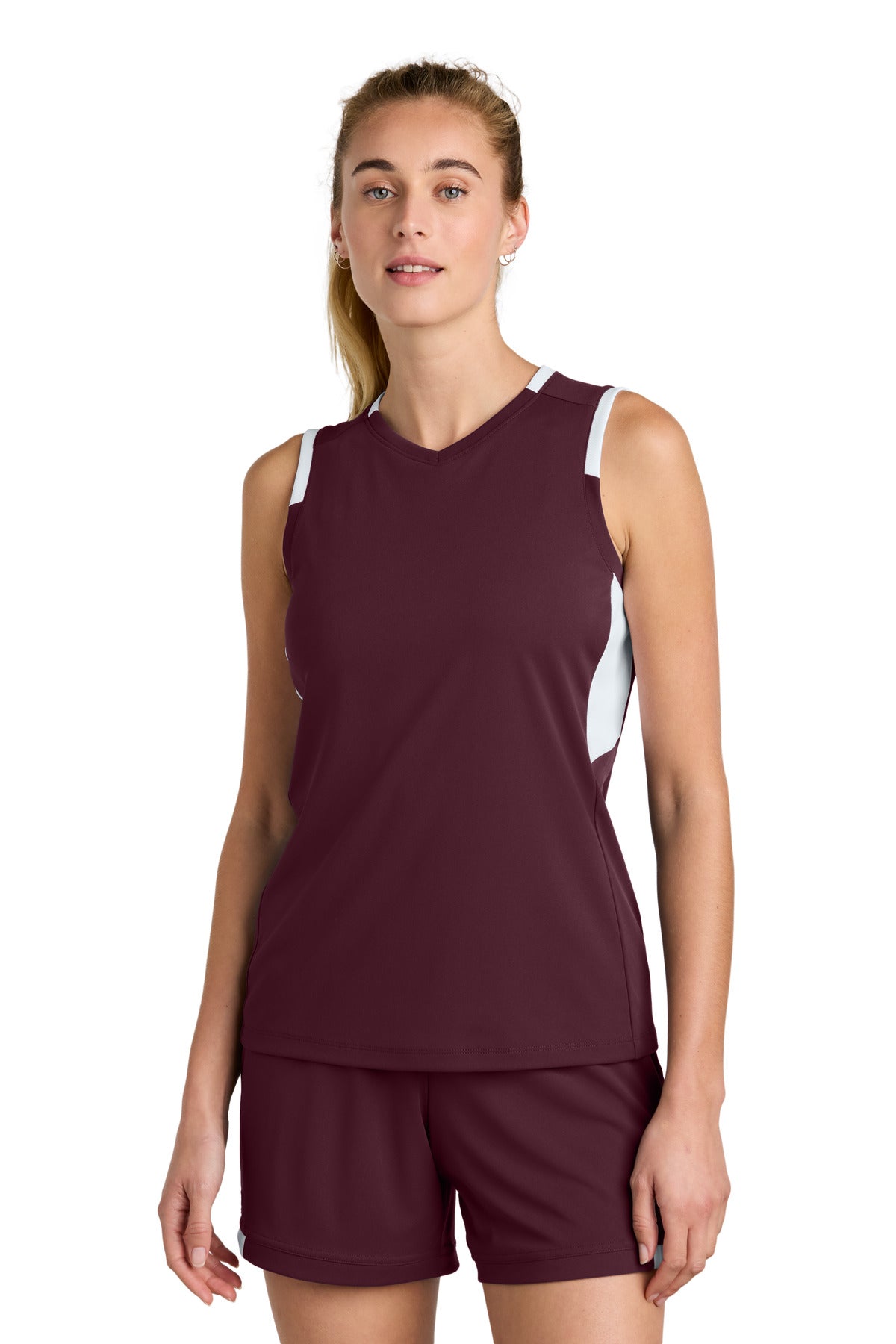 Custom Maroon/ White Women's Club Sleeveless V-Neck LST441, personalized by SanCanDo Swag in Argyle, TX