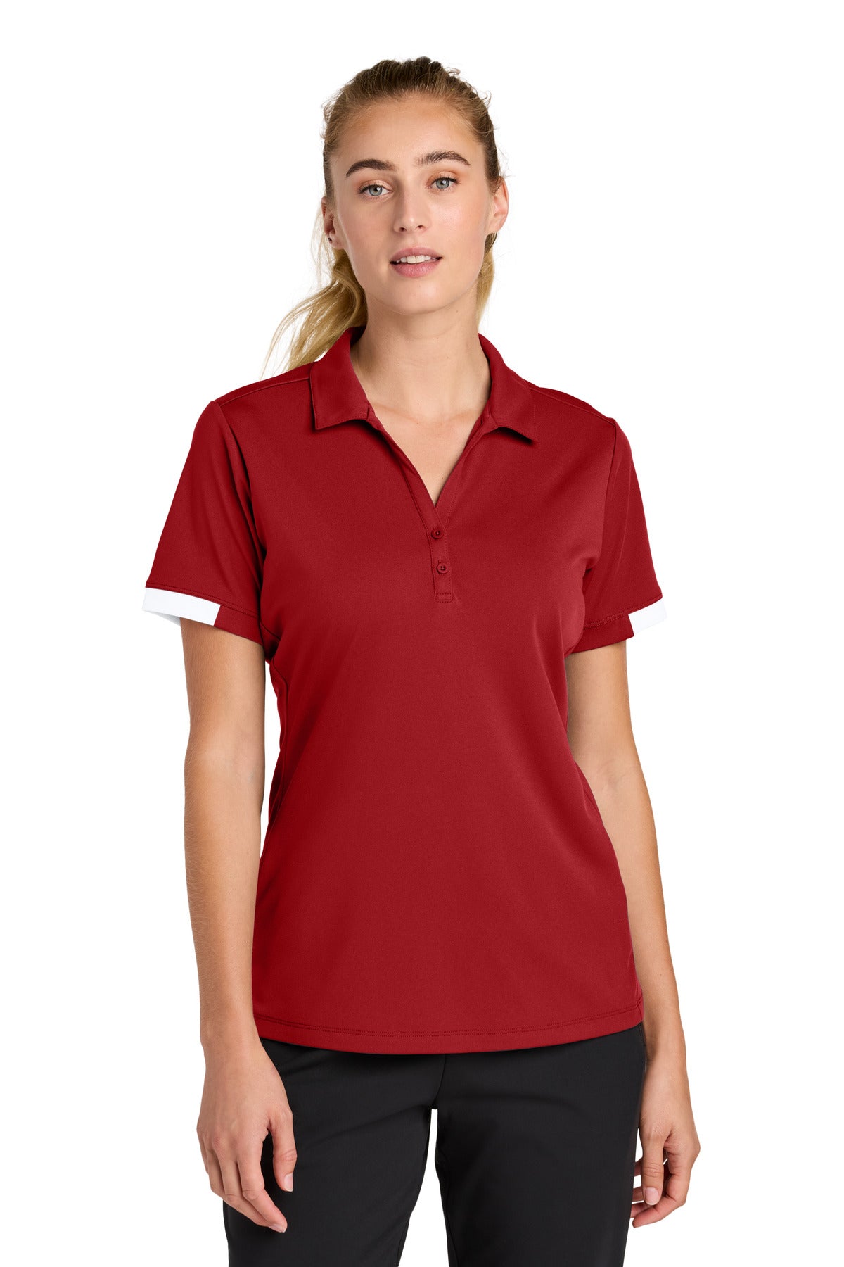 Custom Deep Red/ White Women's Club Colorblock Polo LST444, personalized by SanCanDo Swag in Argyle, TX