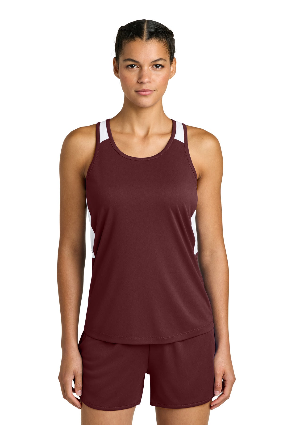 Custom Maroon/ White Women's Club Track Tank LST446, personalized by SanCanDo Swag in Argyle, TX