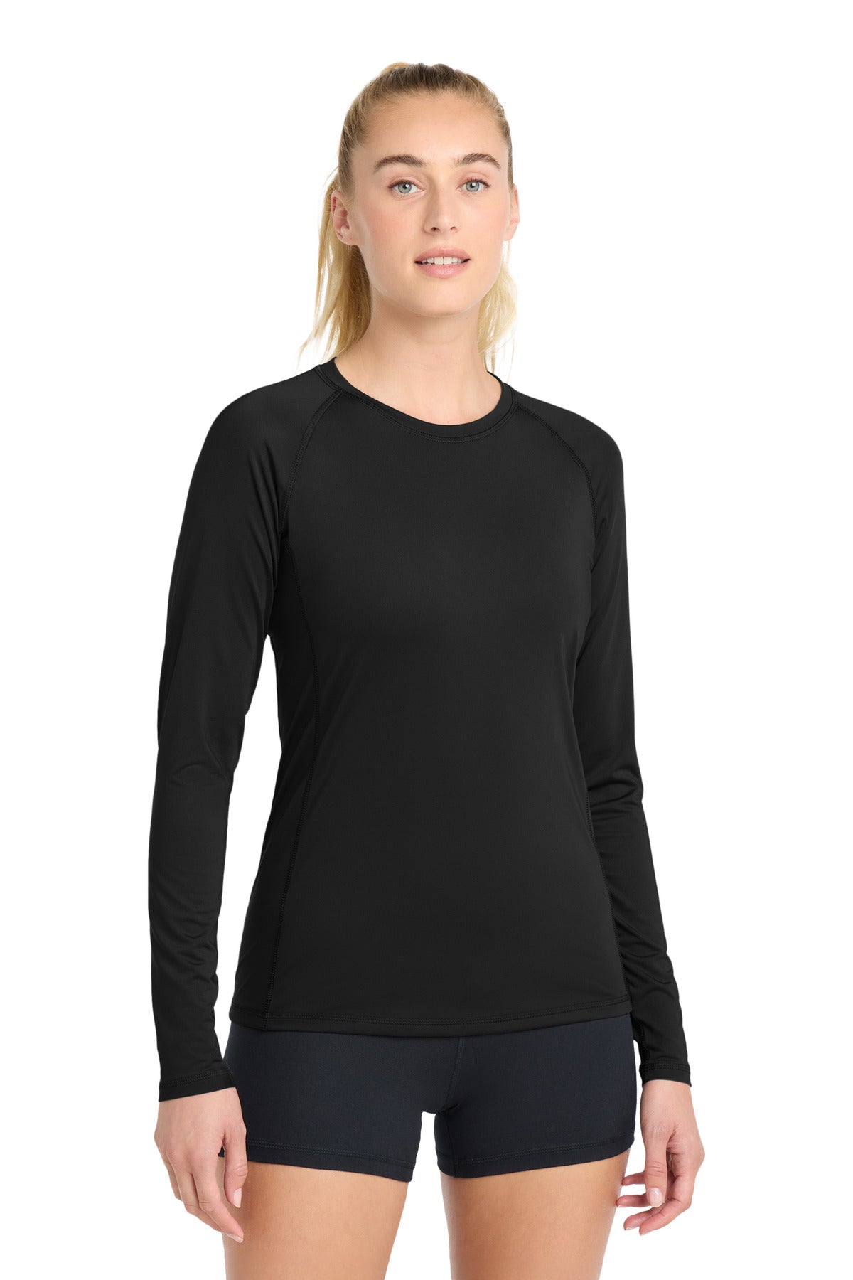 Custom Black Women's Long Sleeve Rashguard Tee LST470LS, personalized by SanCanDo Swag in Argyle, TX