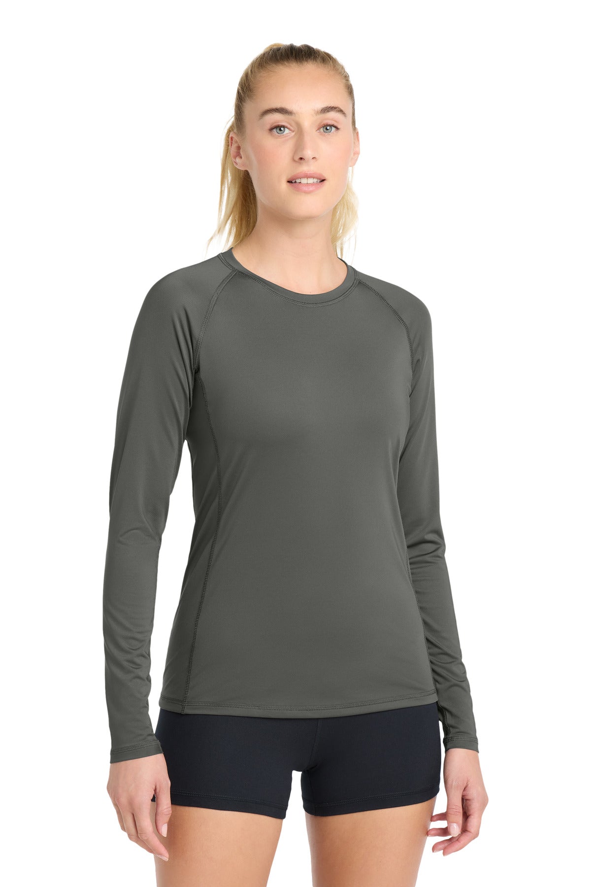 Custom Dark Smoke Grey Women's Long Sleeve Rashguard Tee LST470LS, personalized by SanCanDo Swag in Argyle, TX