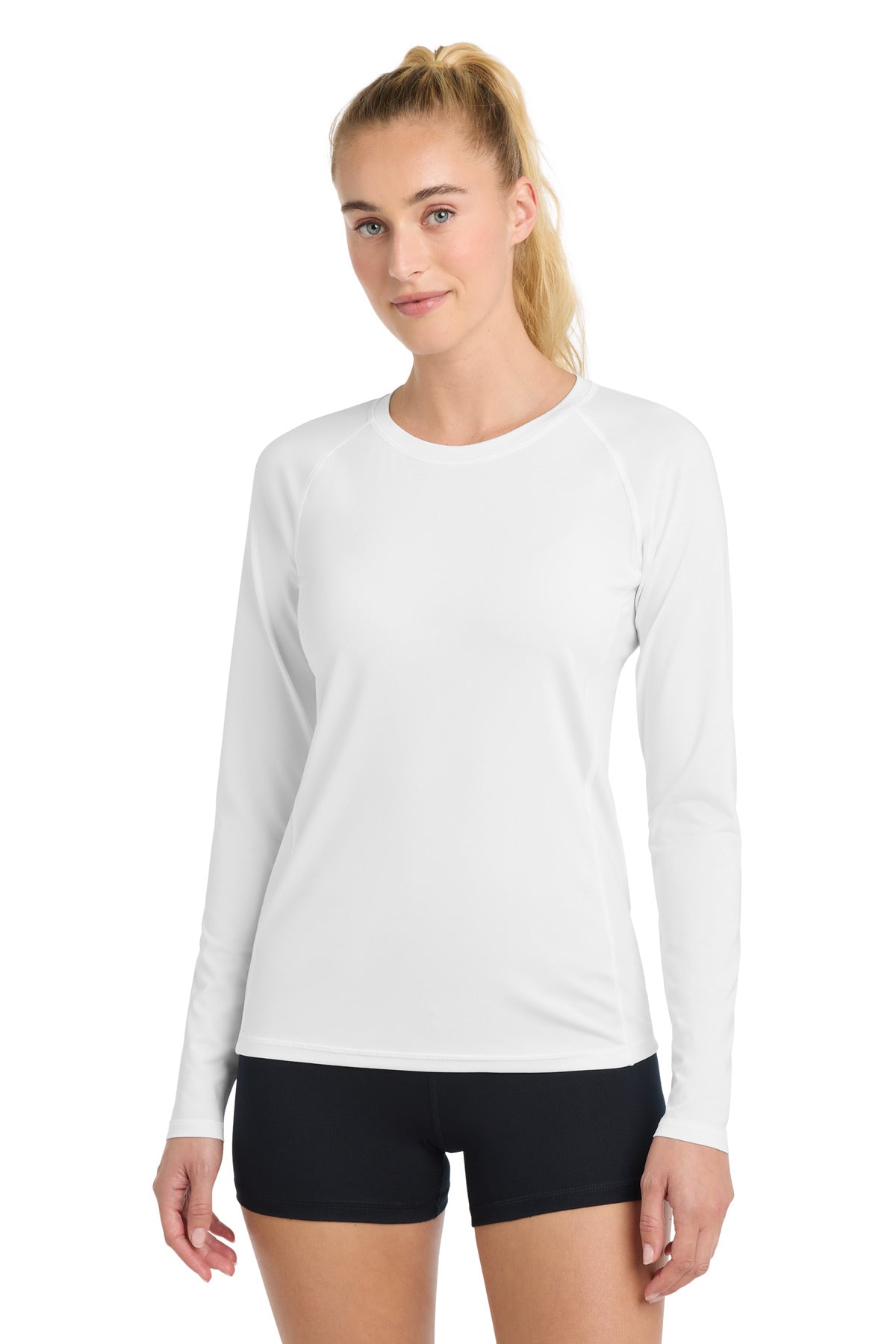 Custom White Women's Long Sleeve Rashguard Tee LST470LS, personalized by SanCanDo Swag in Argyle, TX