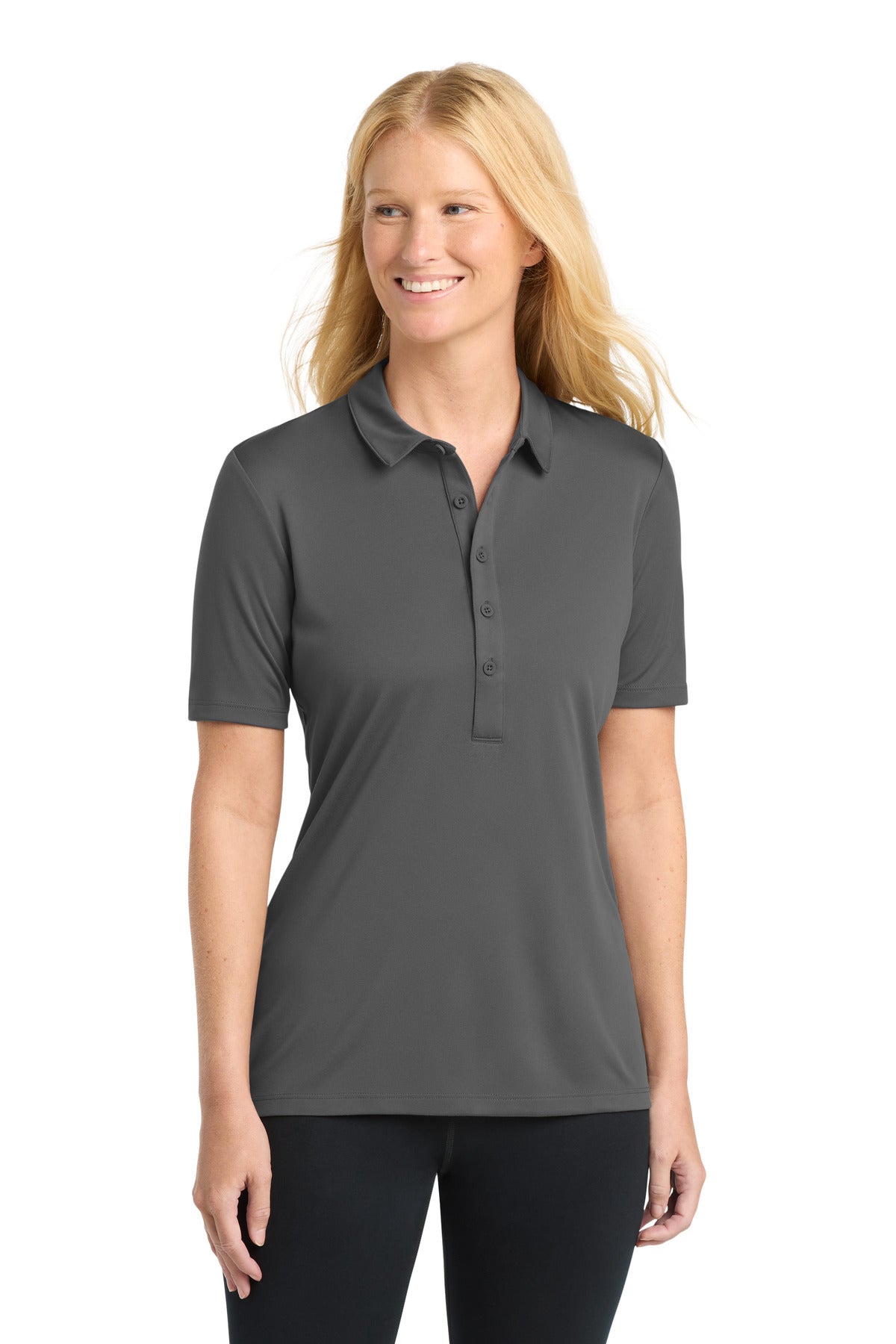 Custom Dark Smoke Grey Women's Posi-UV Pro Polo LST520, personalized by SanCanDo Swag in Argyle, TX