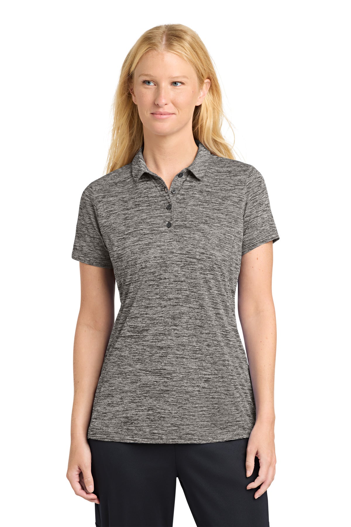 Custom Black Electric Women's PosiCharge Electric Heather Polo LST590, personalized by SanCanDo Swag in Argyle, TX