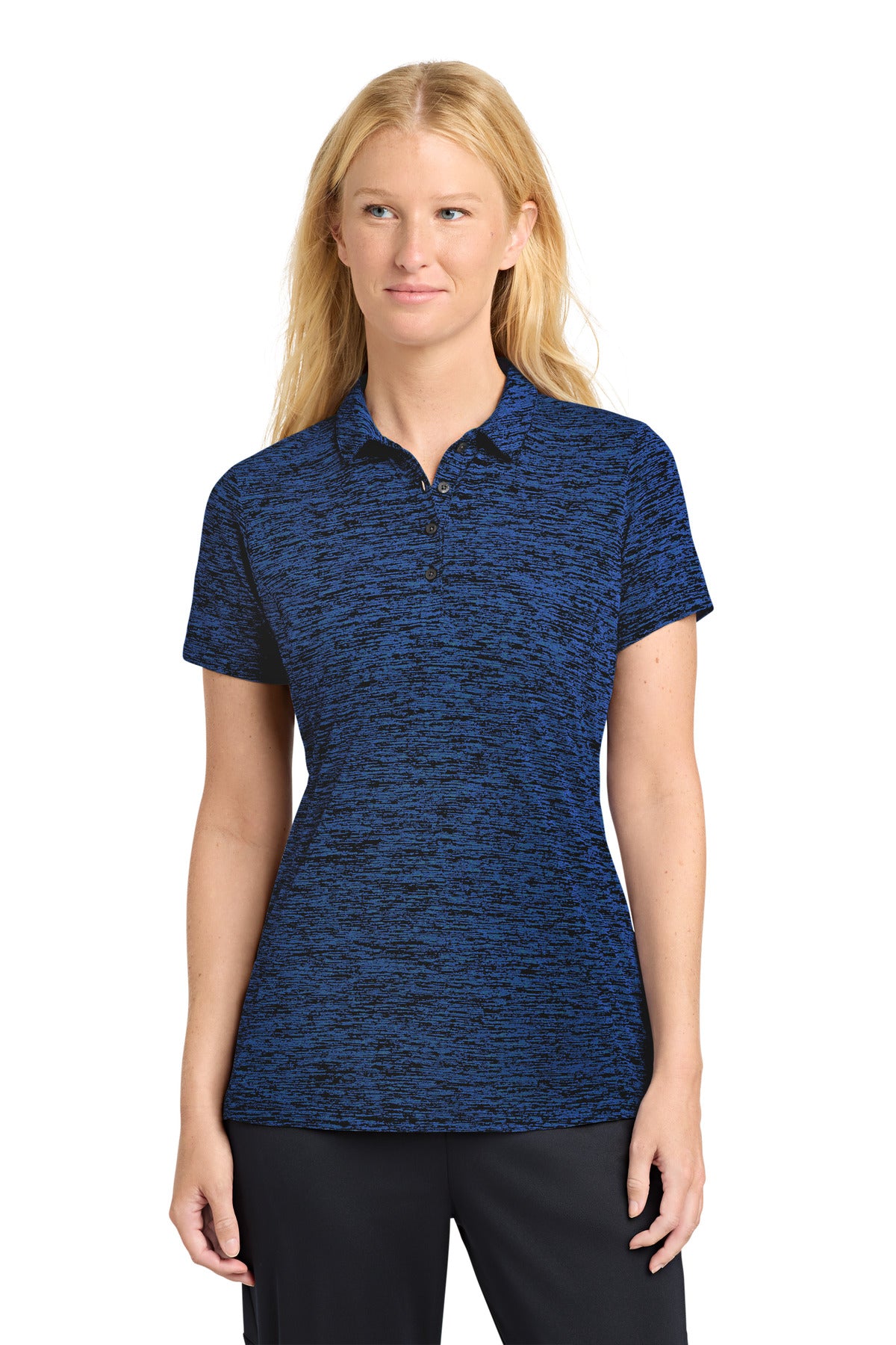 Custom Dark Royal-Black Electric Women's PosiCharge Electric Heather Polo LST590, personalized by SanCanDo Swag in Argyle, TX