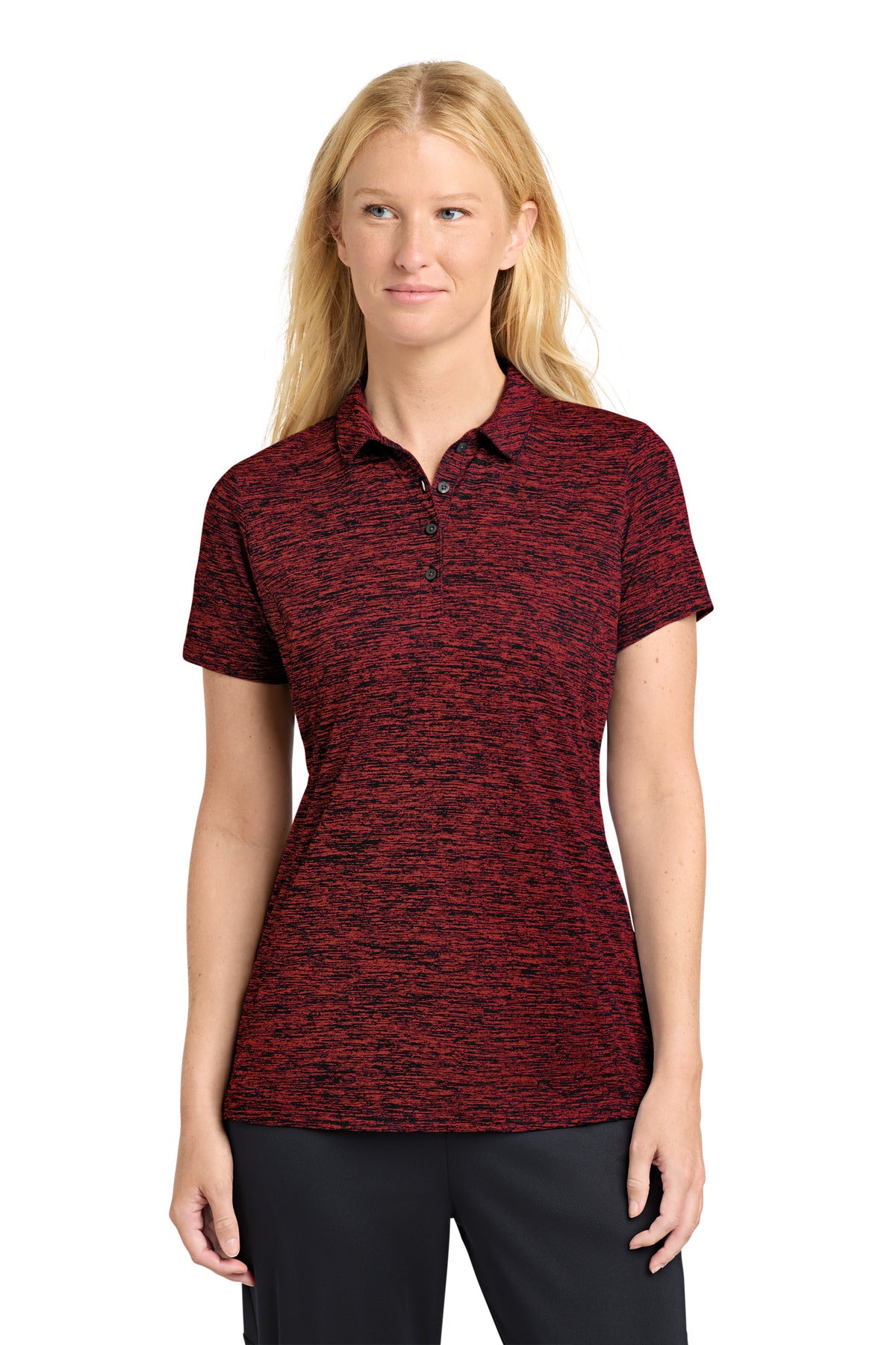 Custom Deep Red/ Black Electric Women's PosiCharge Electric Heather Polo LST590, personalized by SanCanDo Swag in Argyle, TX