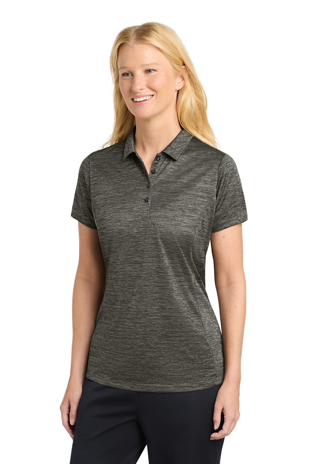 Custom Grey-Black Electric Women's PosiCharge Electric Heather Polo LST590, personalized by SanCanDo Swag in Argyle, TX
