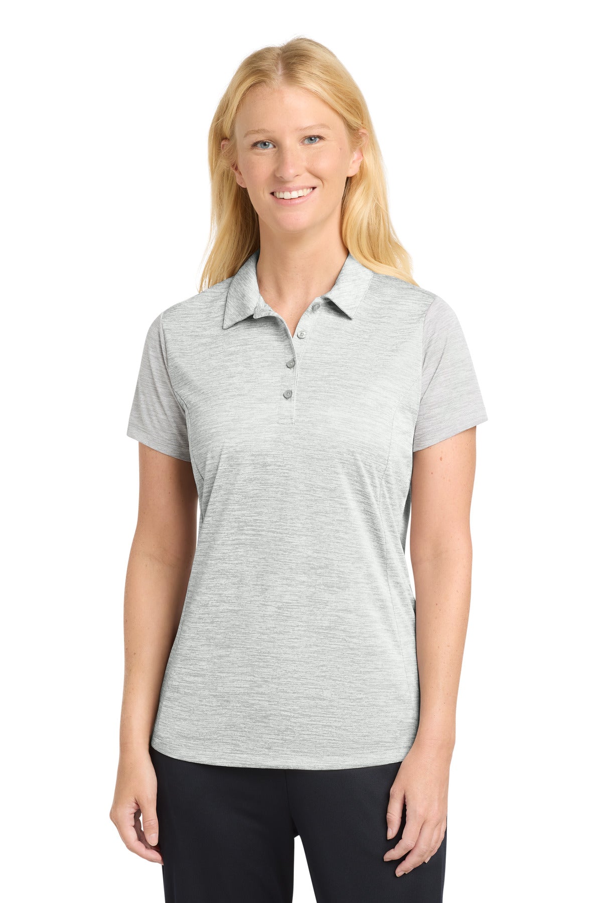 Custom Silver Electric Women's PosiCharge Electric Heather Polo LST590, personalized by SanCanDo Swag in Argyle, TX