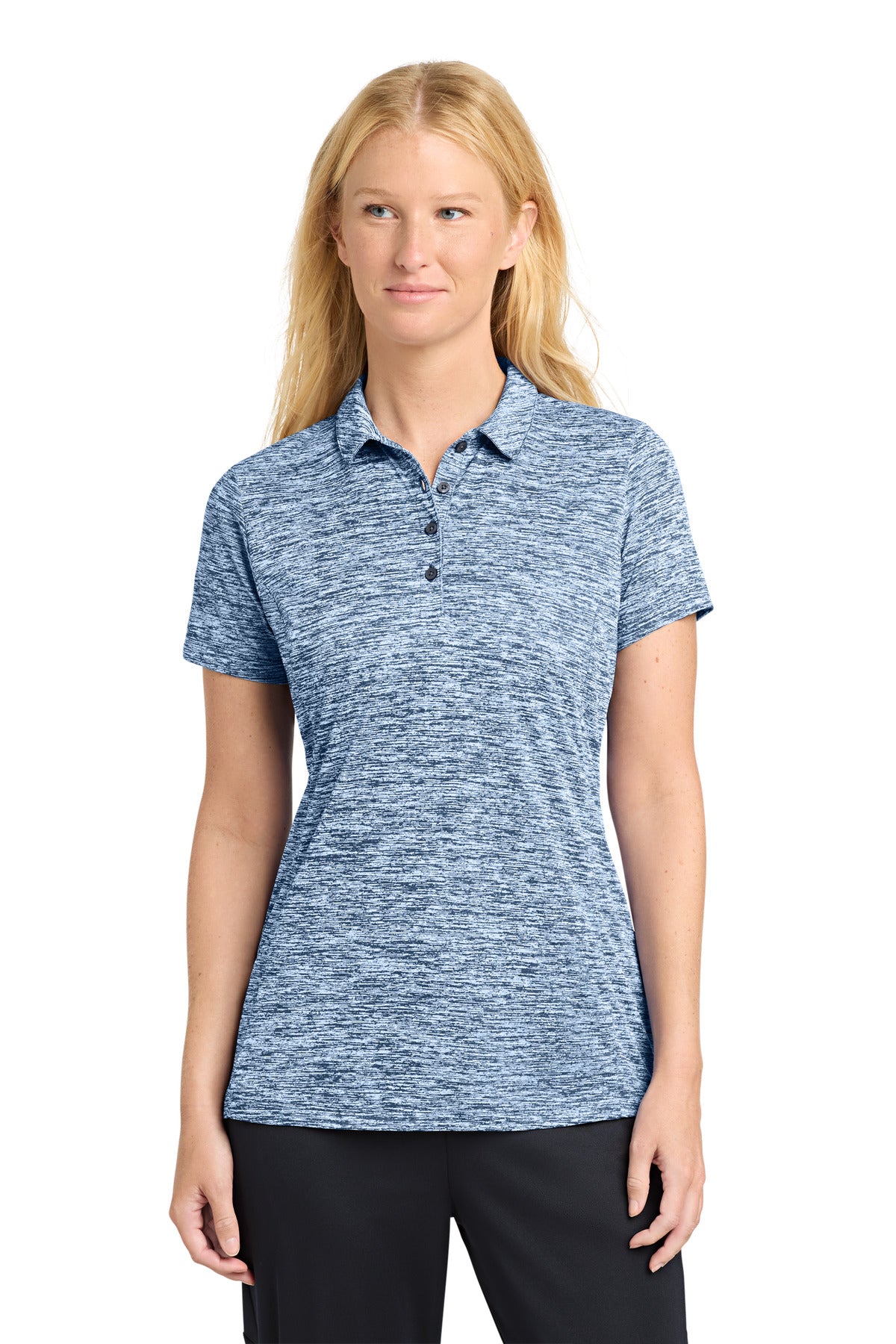 Custom True Navy Electric Women's PosiCharge Electric Heather Polo LST590, personalized by SanCanDo Swag in Argyle, TX